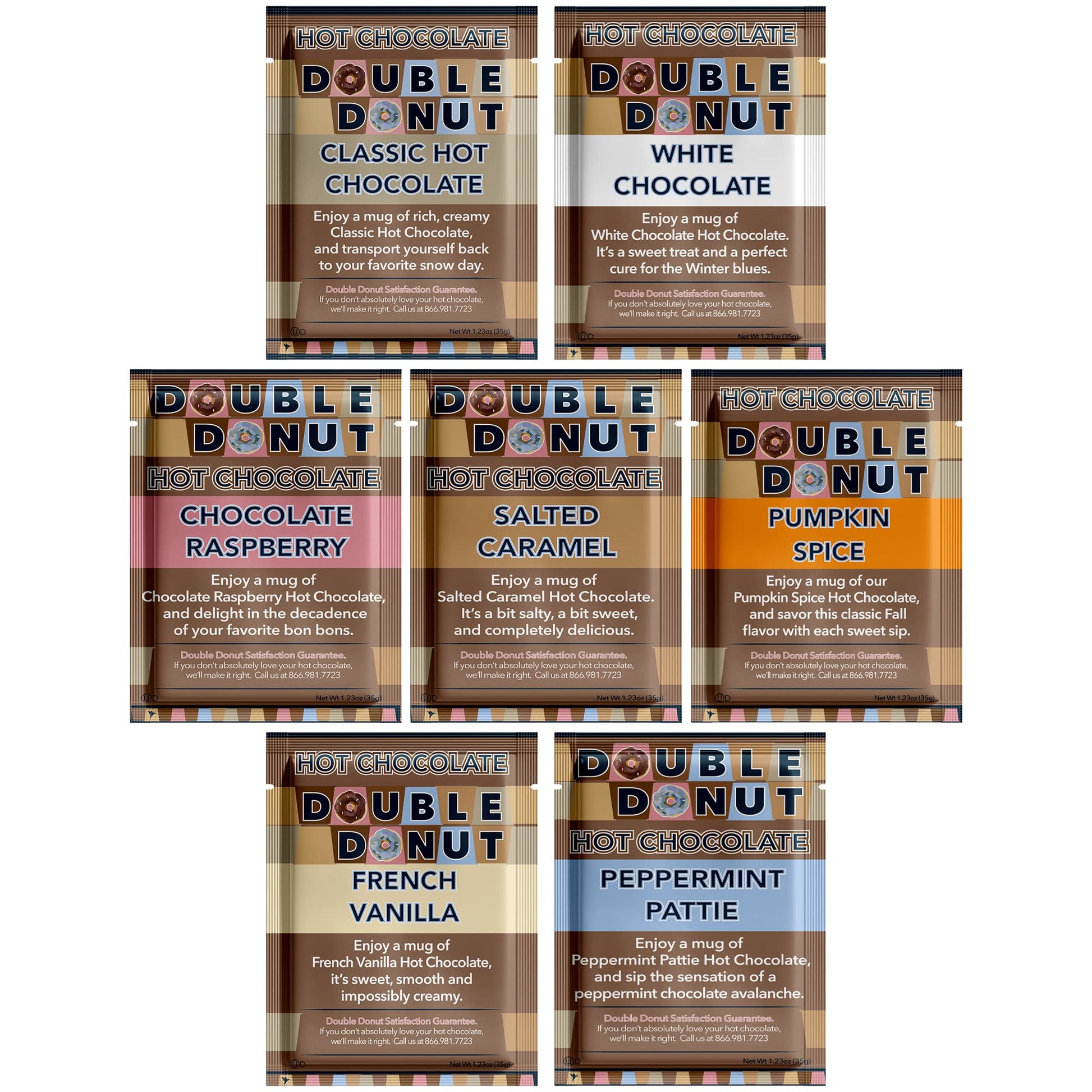 Double Donut Flavored Hot Chocolate Packets Variety Pack,18 Count Includes Classic, White Chocolate, Chocolate Raspberry, Salted