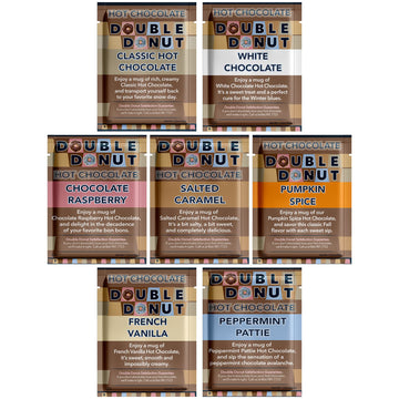 Double Donut Flavored Hot Chocolate Packets Variety Pack,18 Count Includes Classic, White Chocolate, Chocolate Raspberry, Salted