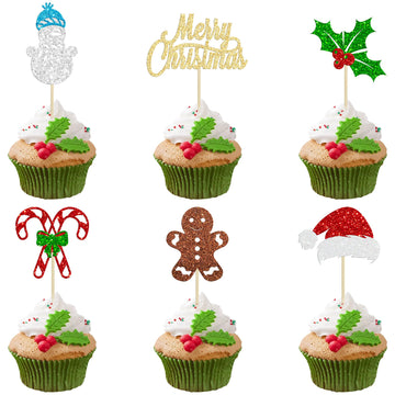 24Pcs Merry Christmas Cupcake Toppers Glitter Santa Claus Gingerbread Santa Hat Cake Topper Decorations For Merry Christmas Them