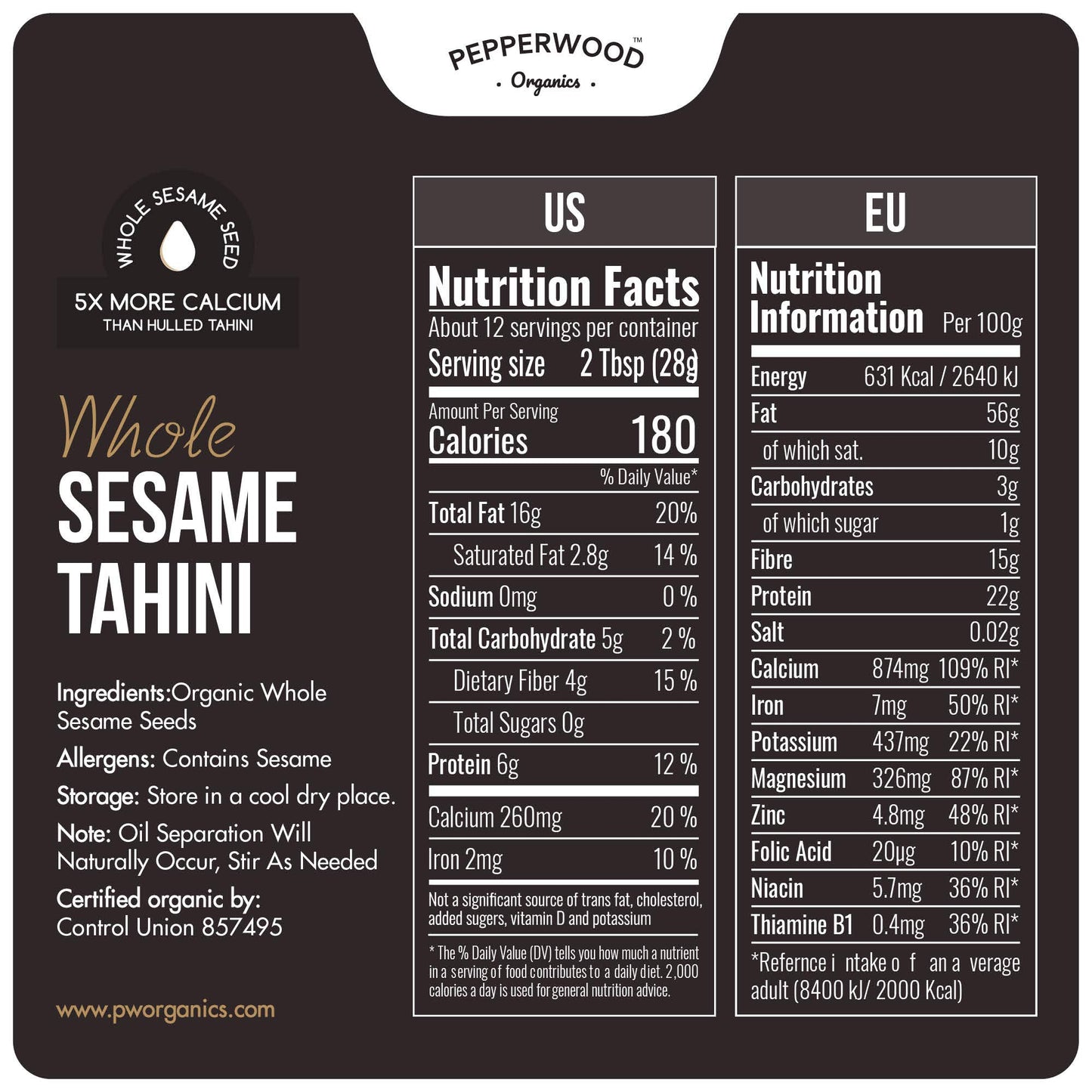 Organic Whole Sesame Tahini Paste - Unhulled & Stone-Ground - Silky Smooth Texture in Hummus, Dips, Dressings - Unsalted, Nut-Fr