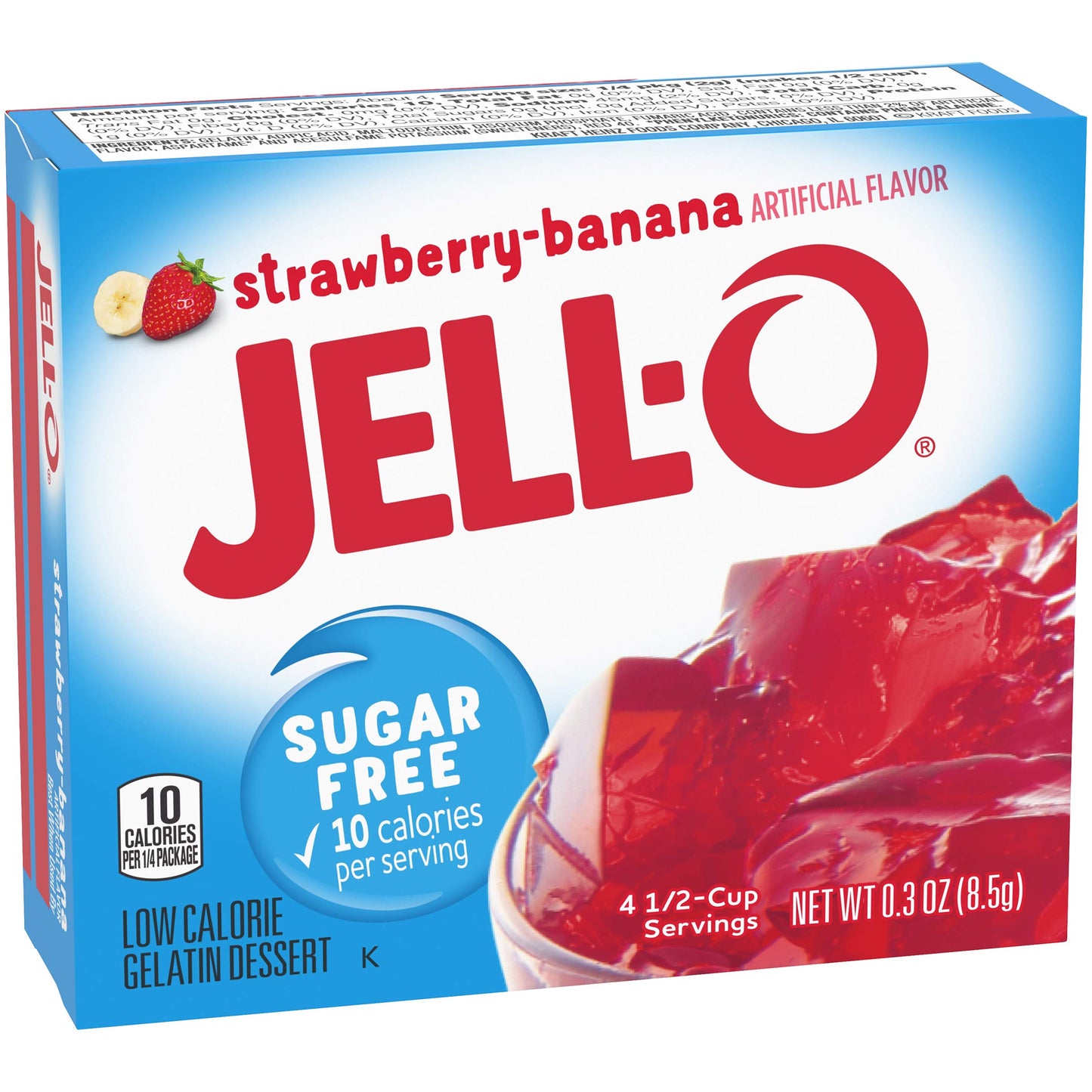 Jell-O Strawberry Banana Gelatin Dessert Mix, Sugar Free, 0.3 oz Boxes, 24 ct Pack