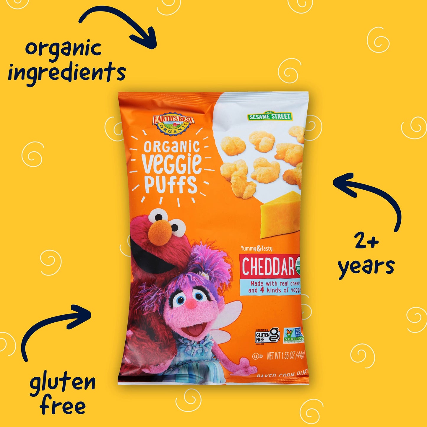 Earth'S Best Organic Kids Snacks, Sesame Street Toddler Snacks, Organic Cheddar Veggie Puffs, Gluten Free Snacks For Kids 2 Year