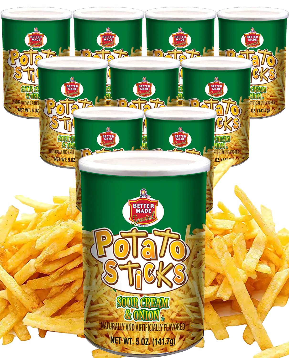 Better Made Potato Sticks 5Oz Canister- (Sour Cream & Onion, 12 Can Tray) - Shoestring Potato Sticks - Gluten Free - Crunchy, Crispy Snack From Fresh Potatoes - Resealable Lid