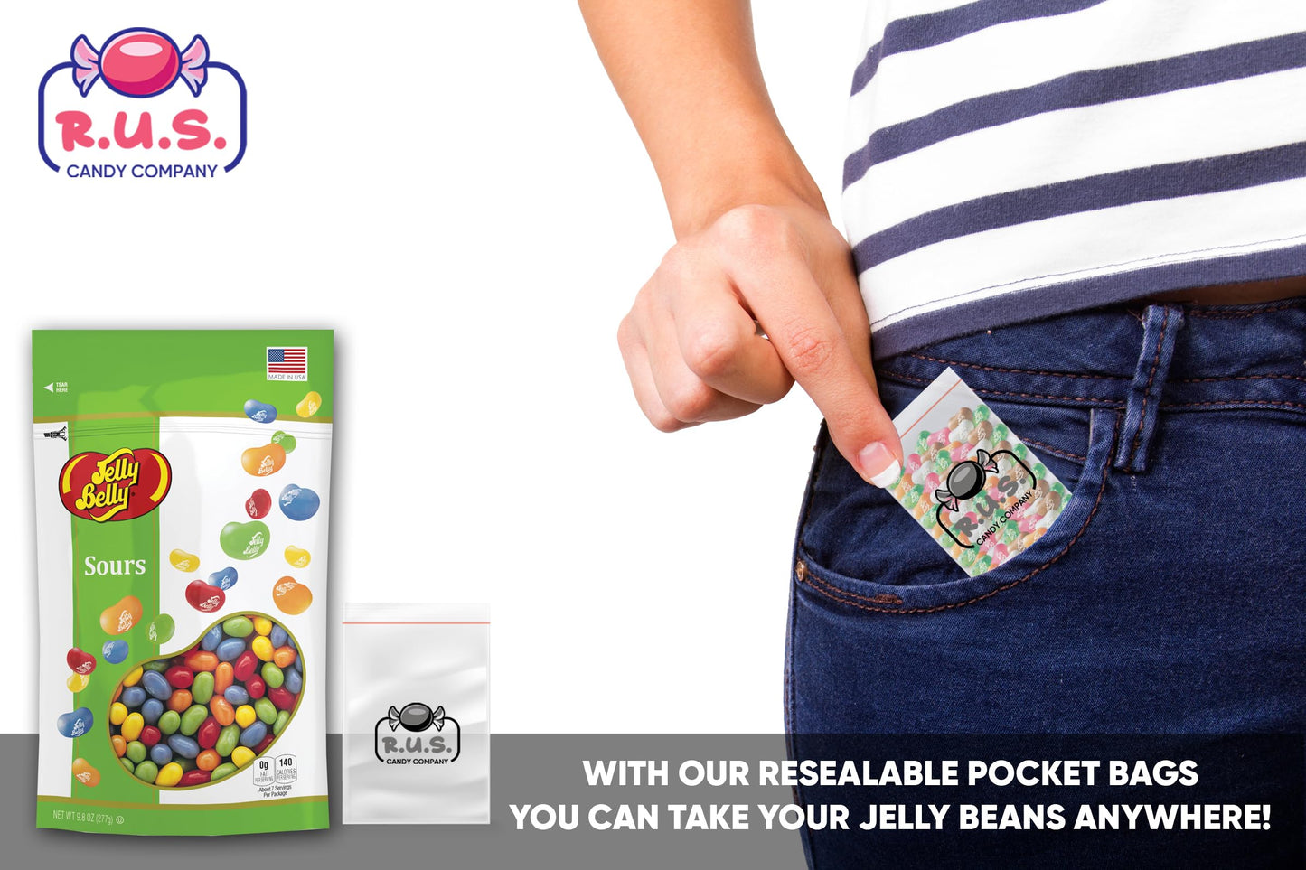 Jelly Belly Sours Mix Jelly Bean - 9.8Oz Bag With R.U.S. Candy Pocket Size Travel Bag + 3 R.U.S. Candy Cards (Sours)