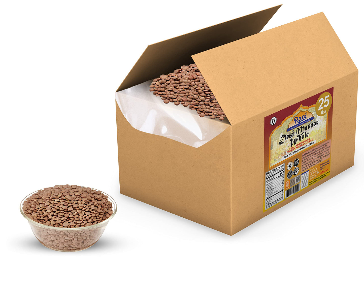 Rani Desi Masoor (Masur) Whole 400Oz (25Lbs) 11.36Kg (Aka. Pardina Spanish / American Brown Lentils Whole) Bulk Box ~ All Natura