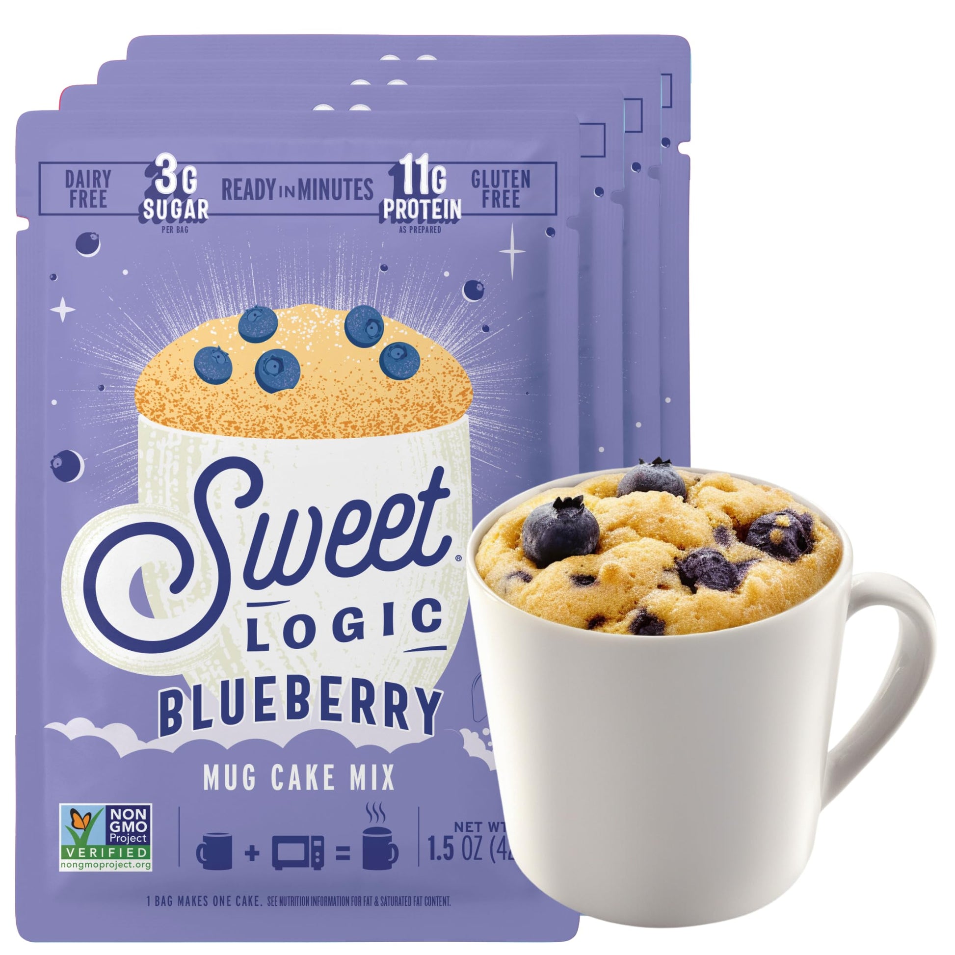 Sweet Logic Keto Dessert Mug Cake Mixes - Blueberry Muffin - Low Sugar - Gluten-Free - Low Carb - Diabetic-Friendly Sweets - Natural Ingredients - High Protein - Delicious Keto   (4 Pack)