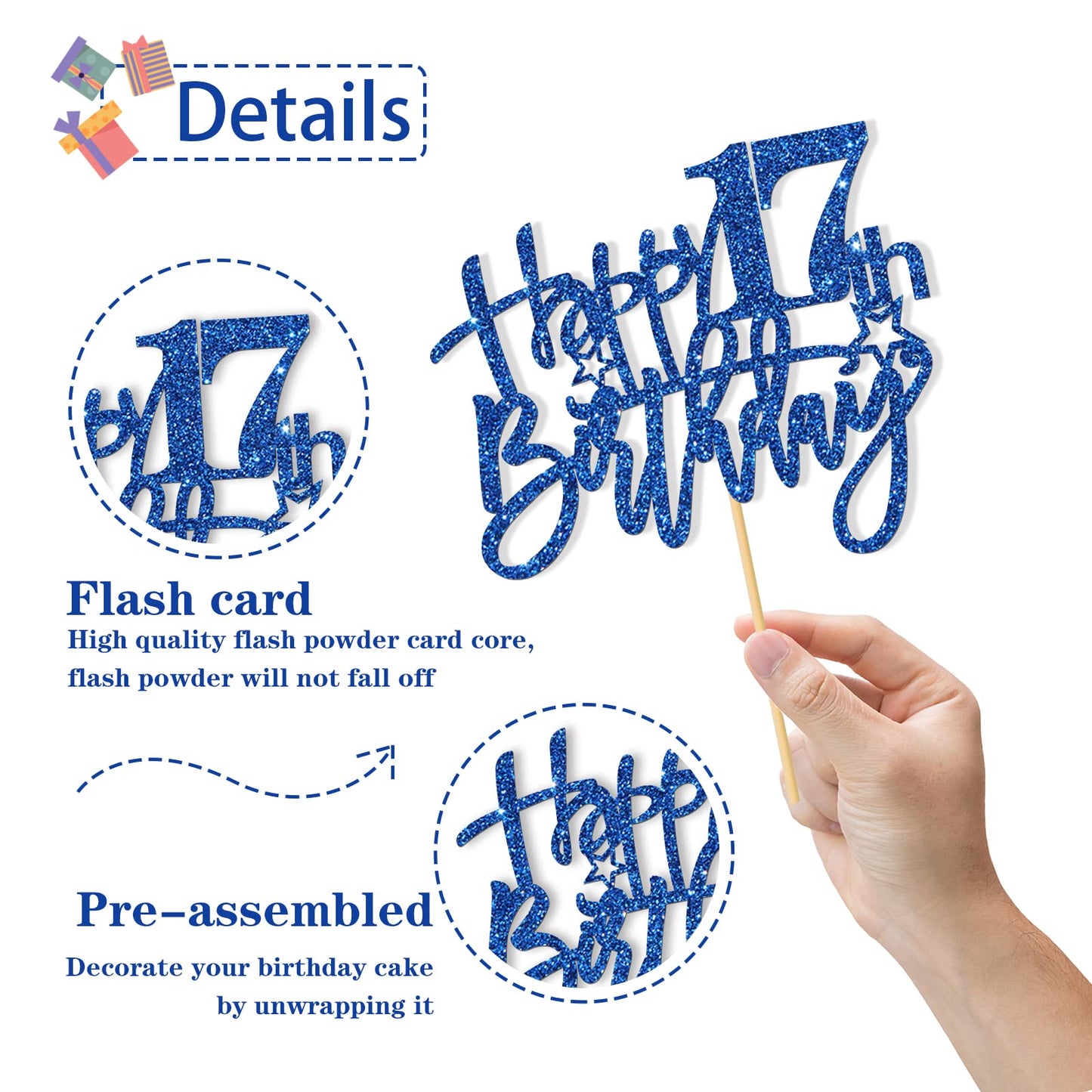 Roadsea Happy 17Th Birthday Cake Topper - Girl Boy 17 Years Old Birthday Cake Supplies - 17Th Birthday Party Decorations - Blue