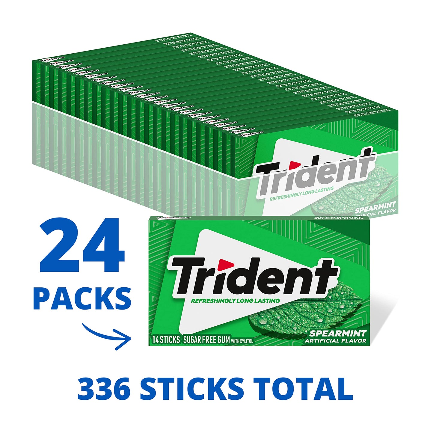 Trident Spearmint Chewing Gum, Sugar-Free, 14 Count per Pack, 24 Packs, Green, Model TS0417-A700ML-M310