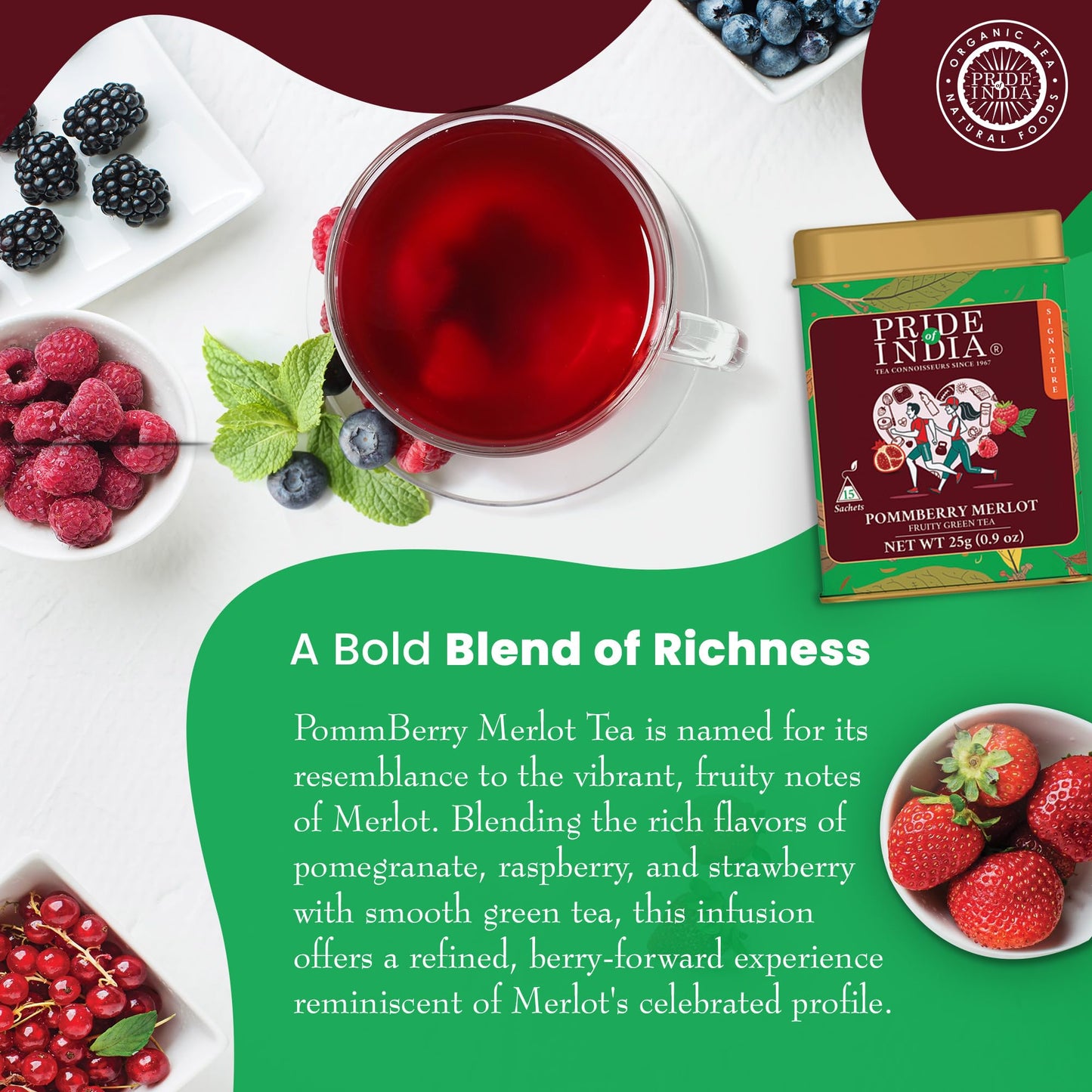 Pride Of India | Pack Of 6 - Pommberry Wine-Inspired Fruity Green Tea | 15 Pyramid Full Leaf Individually Wrapped Tea Bags | Tangy & Fruity Flavor | Vibrant & Uplifting Experience | Caffeine Free