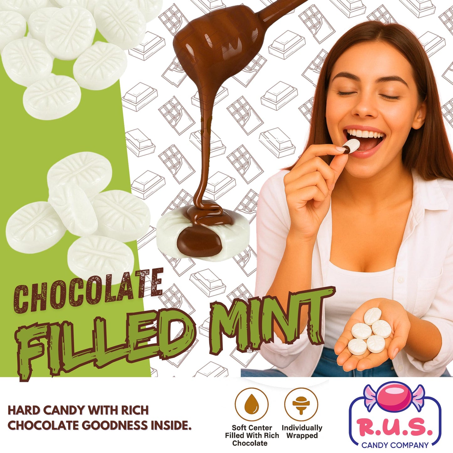 R.U.S. Candy Chocolate Filled Mint Hard Candy - 2 Pound Bag - About 160 Individually Wrapped Pieces