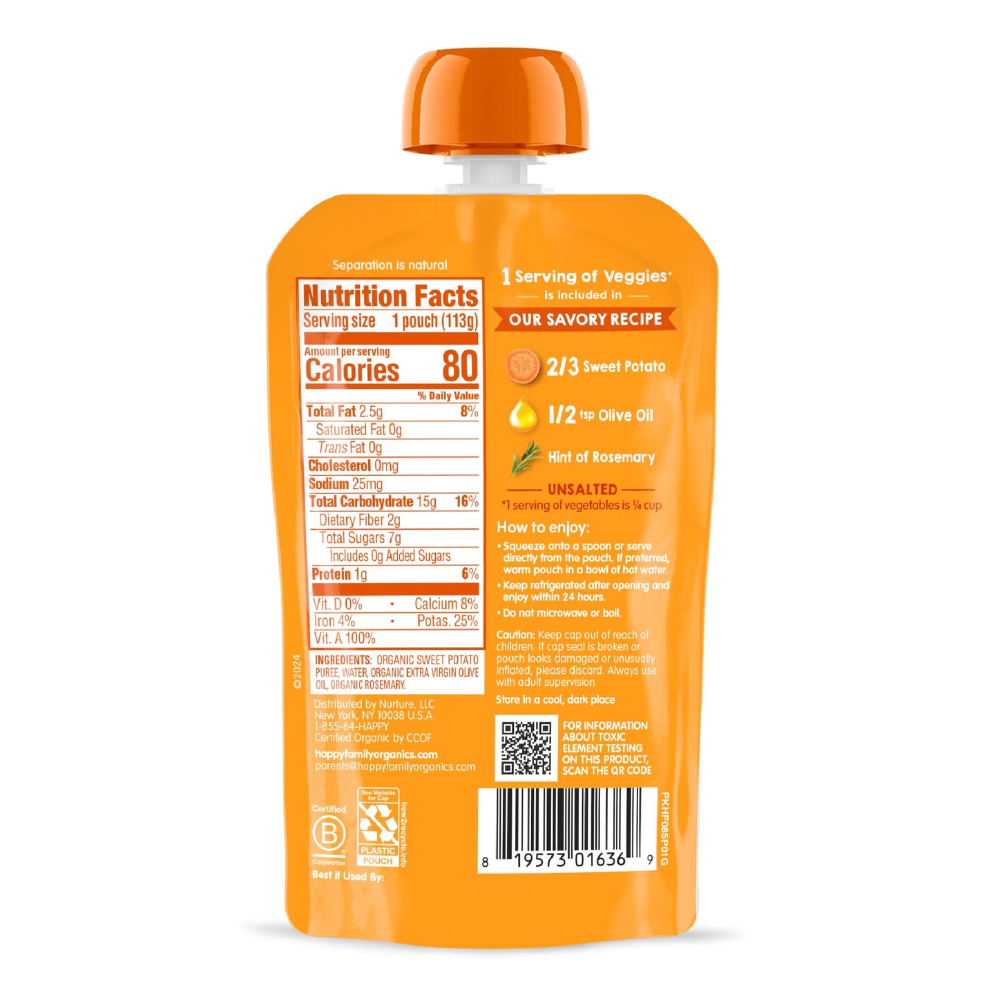 Happy Baby Organics Savory Blends Stage 2 Baby Food, Sweet Potatoes With Olive Oil + Rosemary, 4 Ounce Pouch (Pack Of 16)