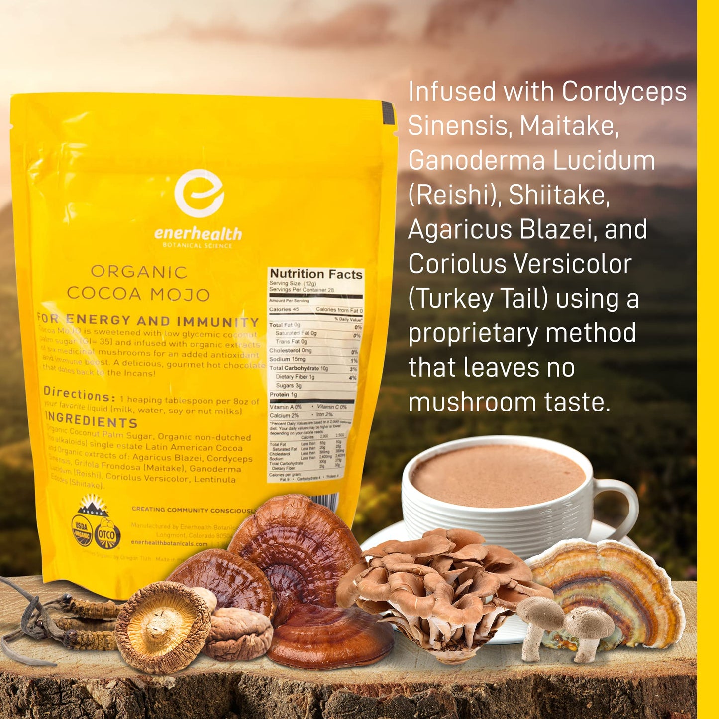 Enerhealth Botanicals Cocoa Mojo - Certified Organic Hot Chocolate Peruvian Cocoa Mix, Sweetened with Low Glycemic Coconut Palm