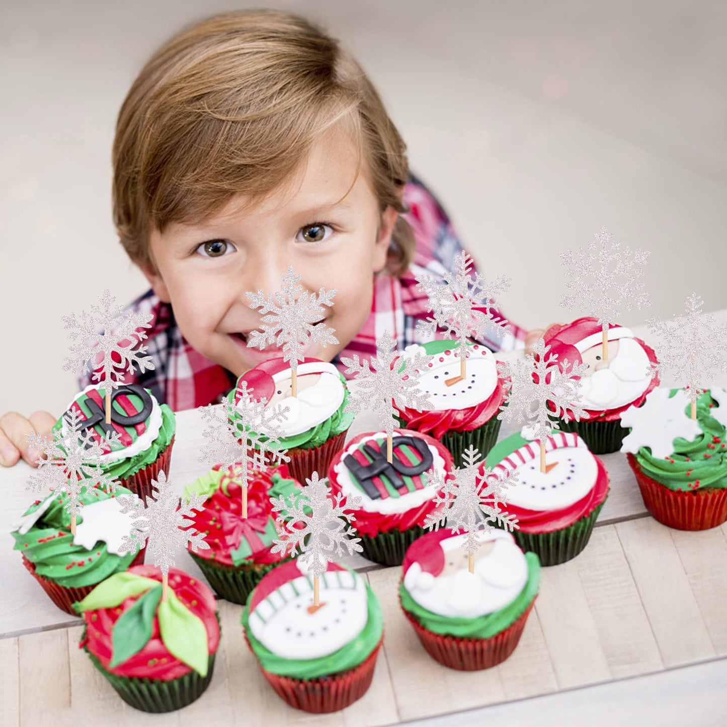 24 Pcs Snowflake Cupcake Toppers Glitter Winter Theme Snowflake Cupcake Picks Baby Shower Kids Birthday Christmas Party Cake Dec
