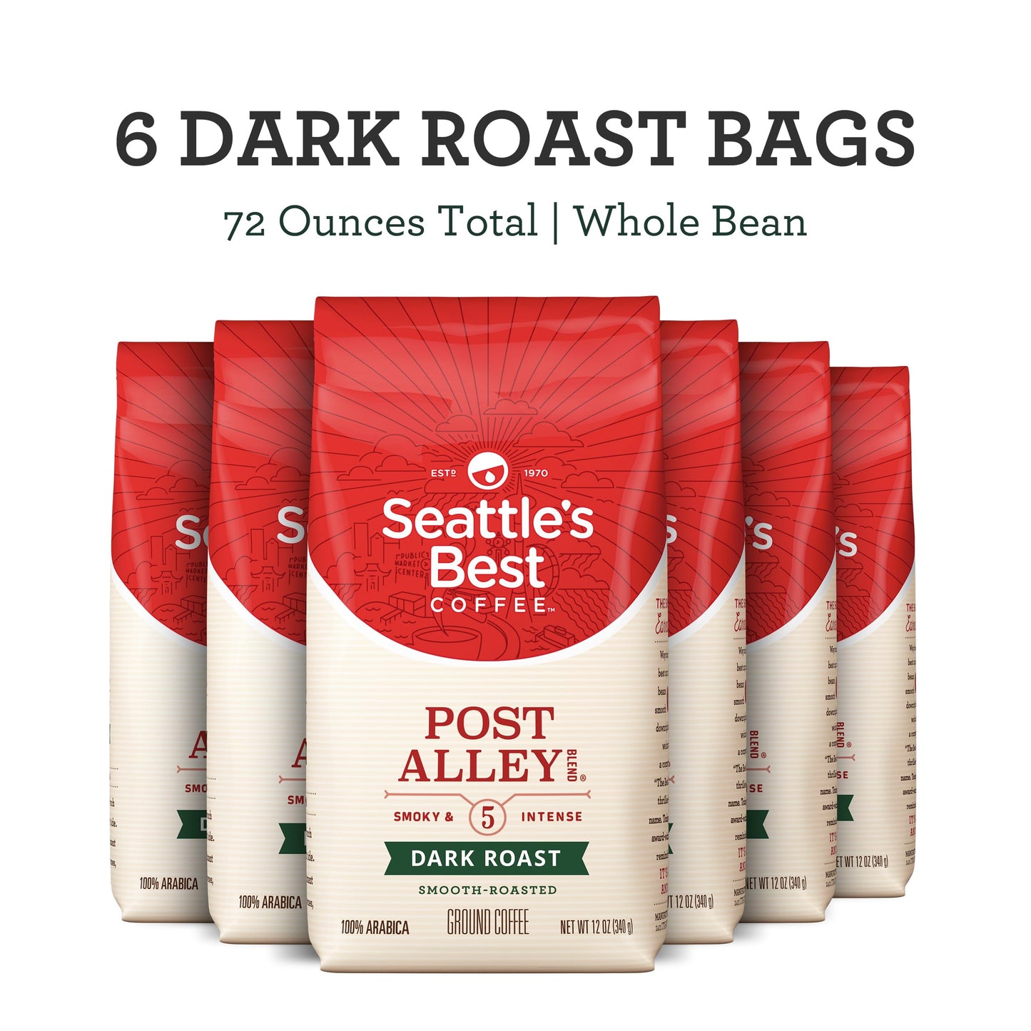 Seattles Best Coffee Post Alley Blend Dark Roast Whole Bean Coffee, 12 Ounce Bags, Pack of 6