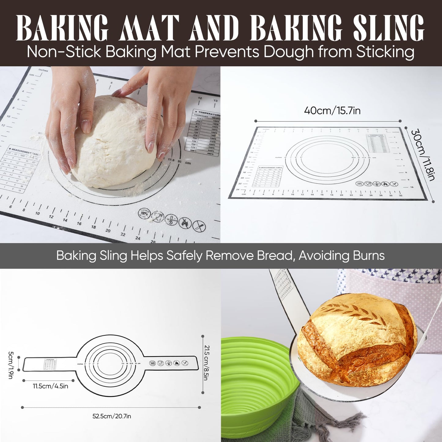 BICRET Sourdough Starter Kit – Complete Baking Supplies, 2 Silicone Proofing Baskets, Baking Mat, Green, Model FJ-3-4C