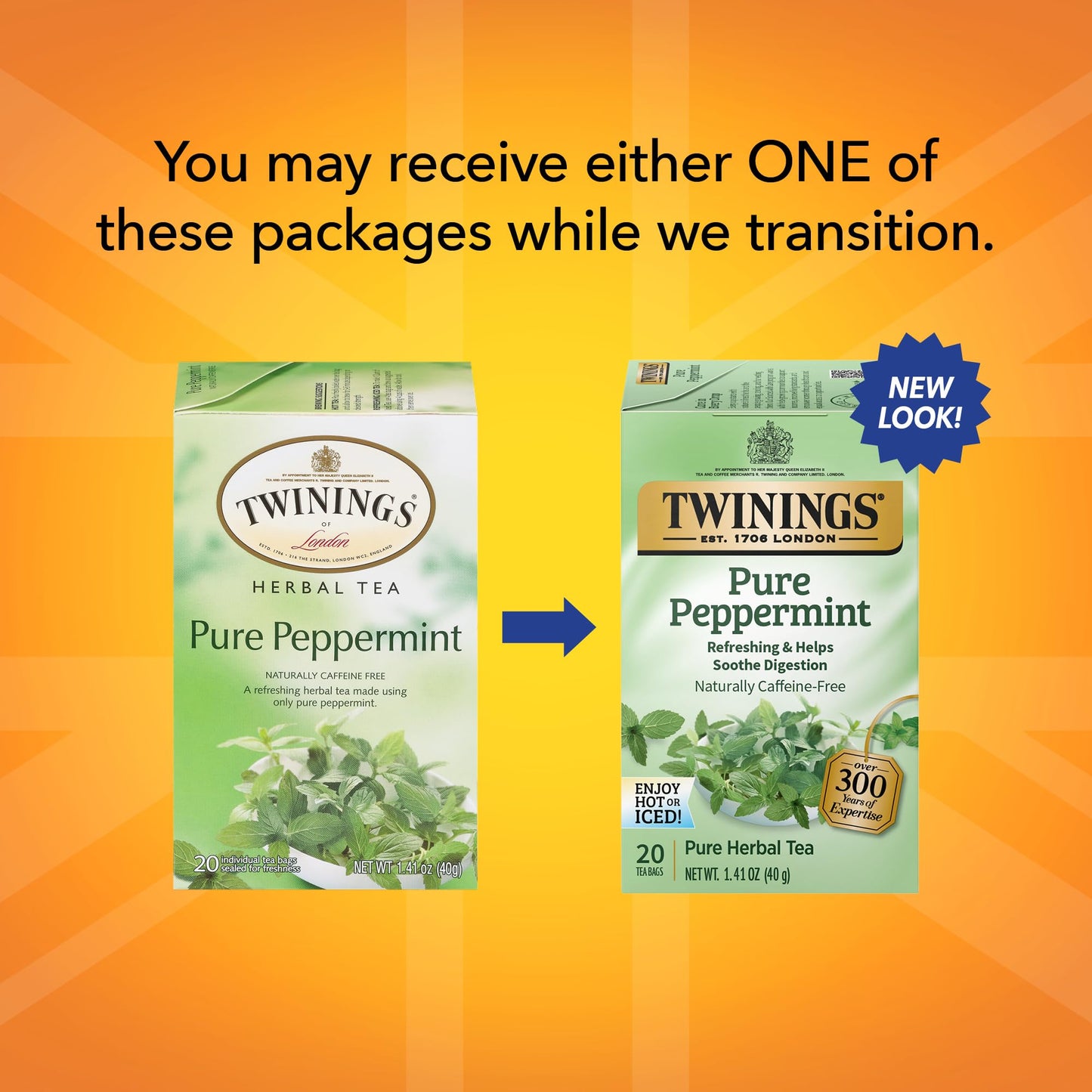 Twinings Peppermint Herbal Tea, Caffeine-Free, 20 Individually Wrapped Teabags, Fresh Minty Flavor, TWI-050
