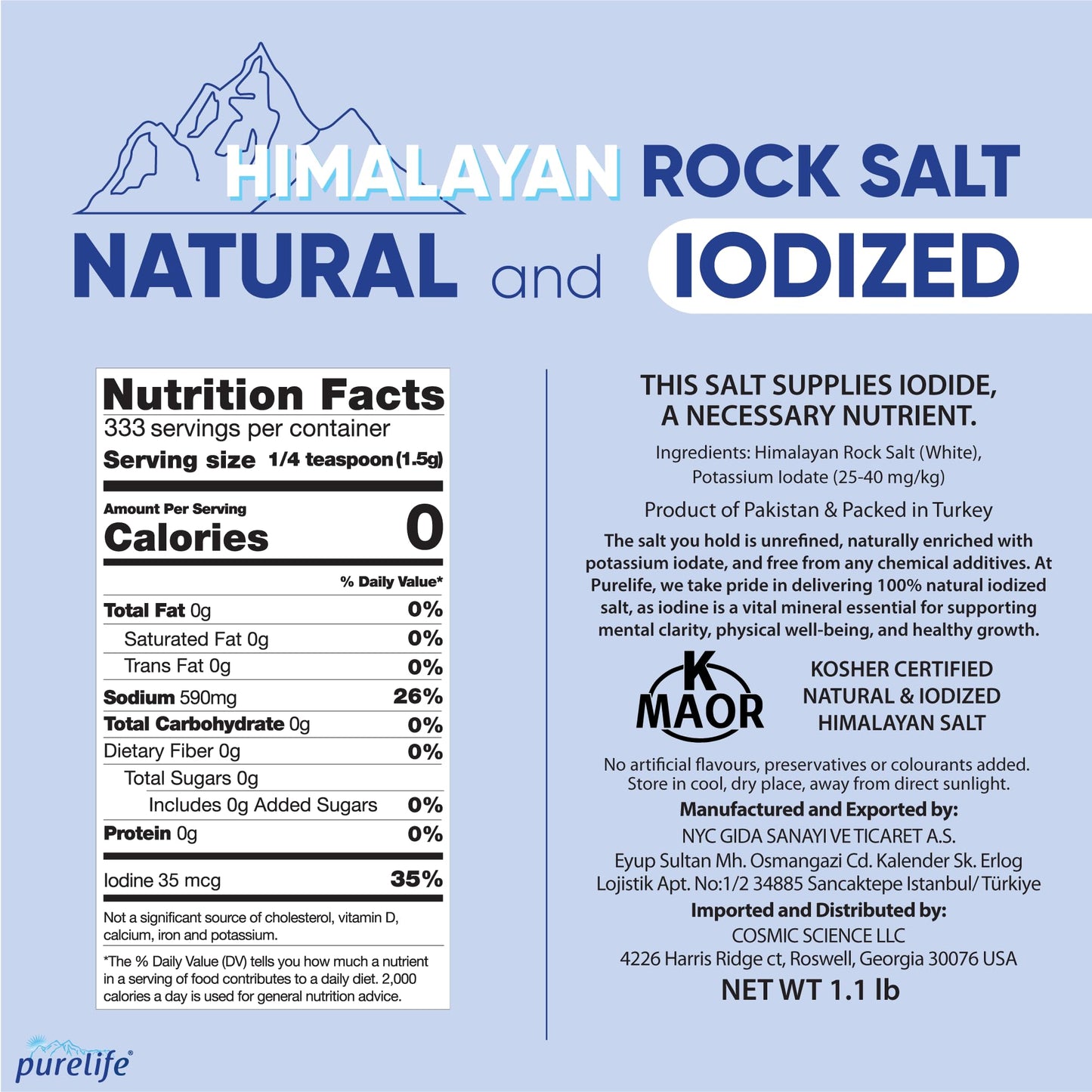 Purelife Organic Himalayan Salt - Fine Iodized Kosher Certified Gourmet Rock Salt, 17.6 oz