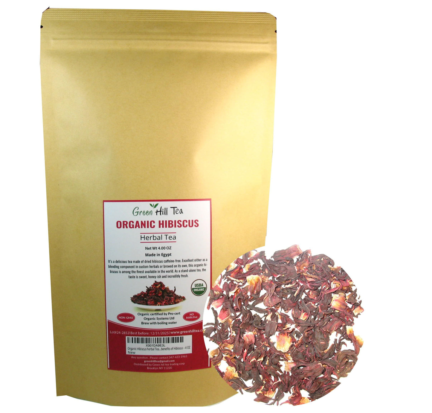 Organic Hibiscus Herbal Tea by Greenhilltea - 4 OZ Loose Leaf, Natural Red Tea, Healthy Benefits, Caffeine-Free Herbal Infusion