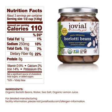 Jovial 100% Organic Borlotti Beans - Borlotti, Organic Borlotti, No Saturated Fat, Gluten Free, Recyclable Glass, Great Source o