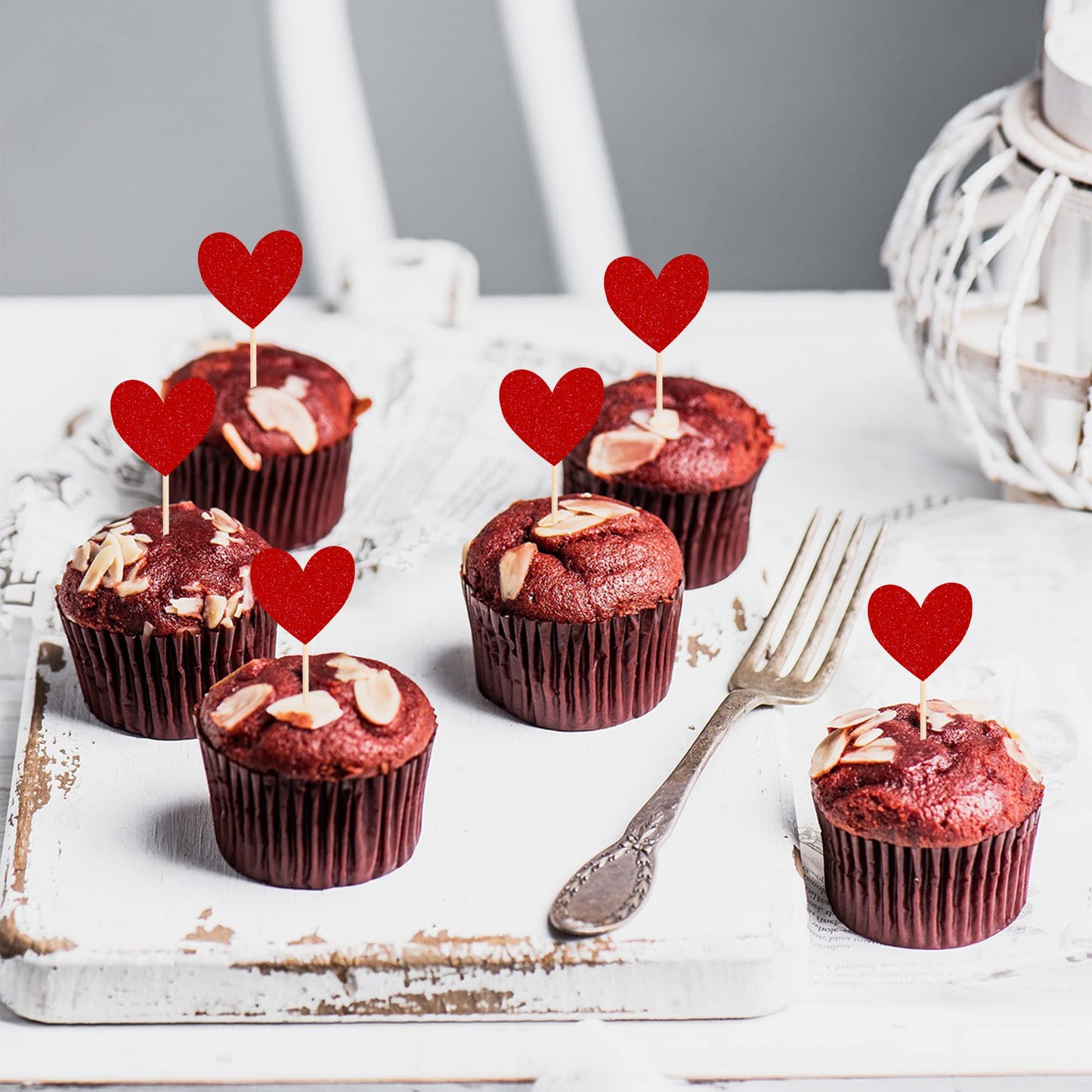 YCTHUNFISH 40 Pack Red Heart Cupcake Toppers Glitter for Valentines Day, Wedding, Birthday Party, Small Size