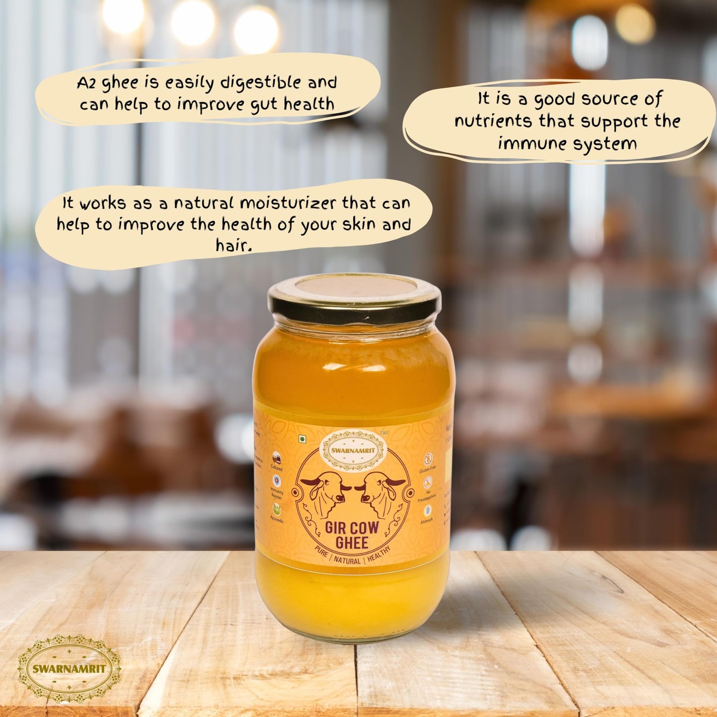 Swarnamrit A2 Desi Gir Cow Ghee Vedic Bilona Method Glass Jar Packaging (1 Litre X 2)