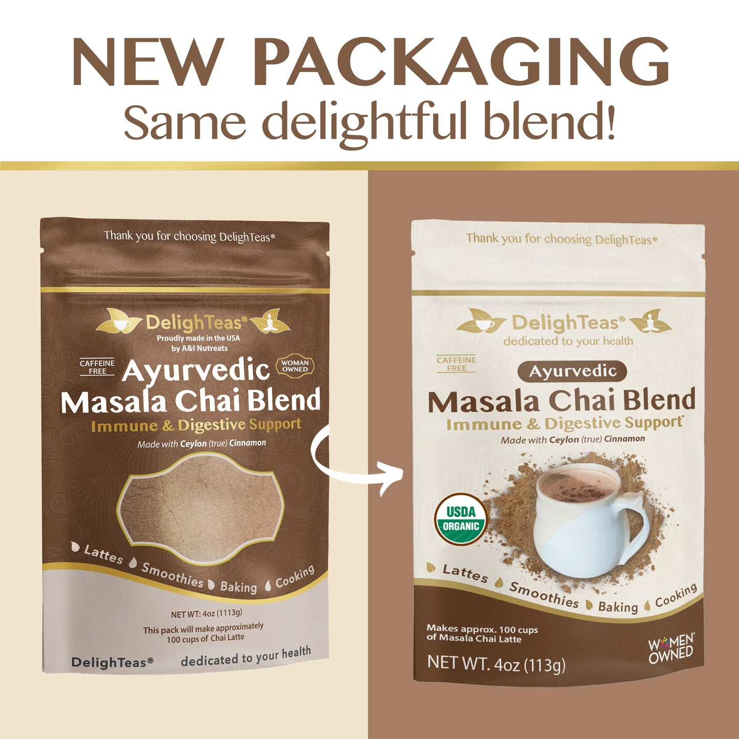 DelighTeas Organic Masala Chai Powder, Caffeine Free, Vegan, Keto, 4oz, 100 Servings