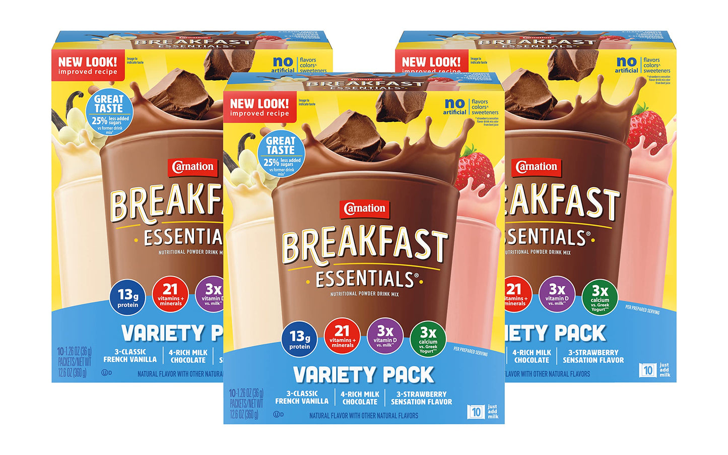Carnation Instant Breakfast Essentials, Variety Pack, 10 count, 1.26-Ounce Units (Pack of 3)