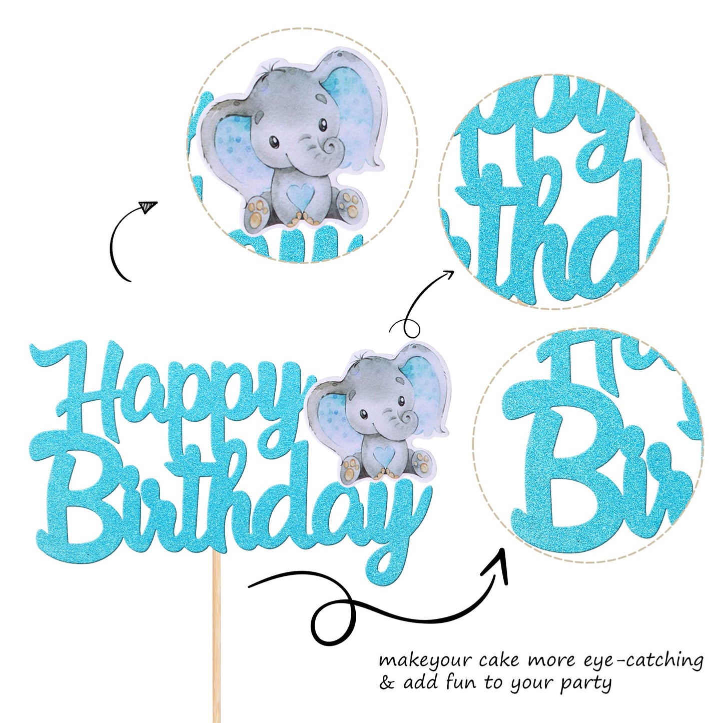 1 Pcs Blue Elephant Happy Birthday Cake Topper Glitter Jungle Animal Elephant Birthday Cake Pick Decorations For Elephant Theme