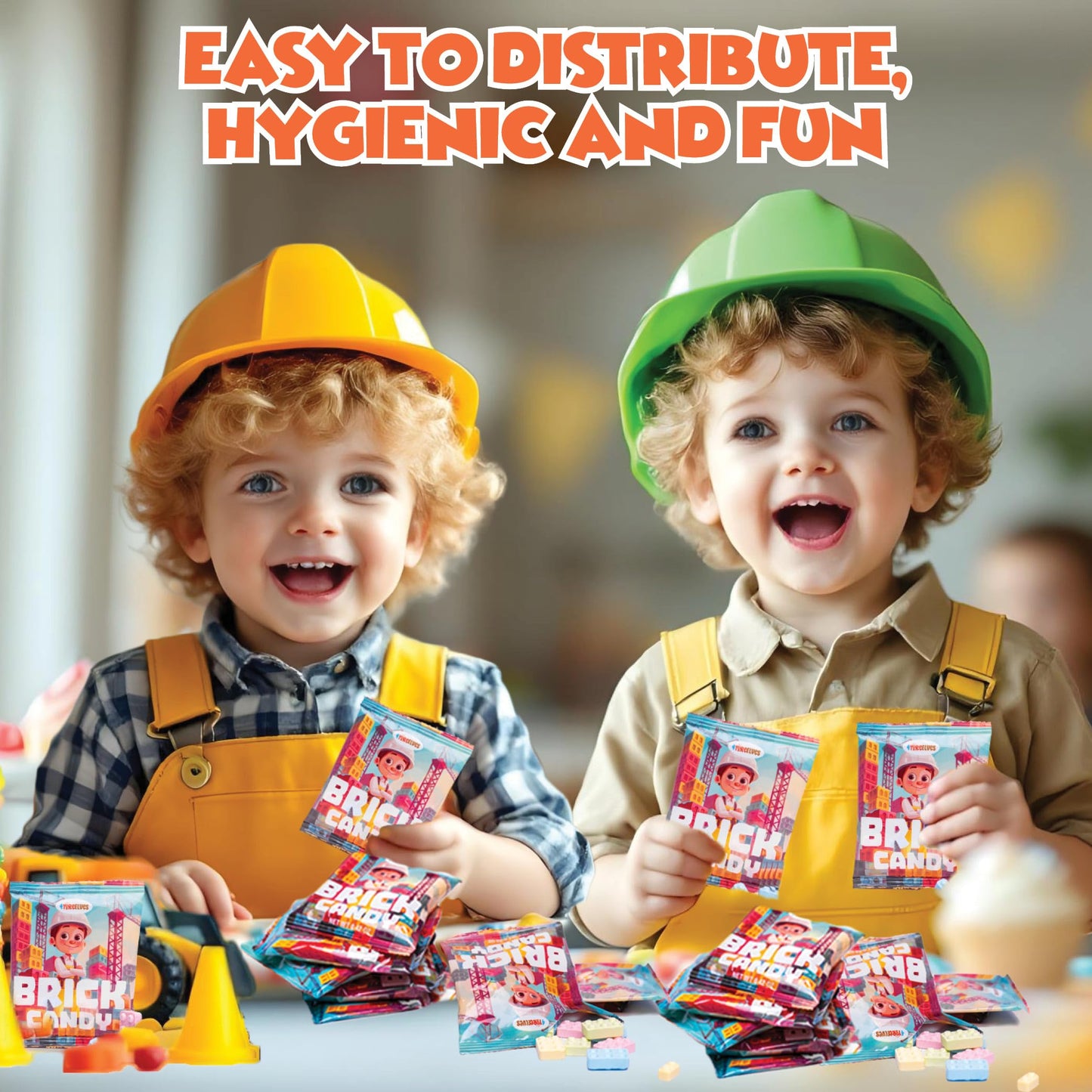 Candy Bricks, 24 Individual Party Favor Bags Of Tutti Frutti Flavored Candy Blocks For Construction Themed Fun, Brick Shaped Can