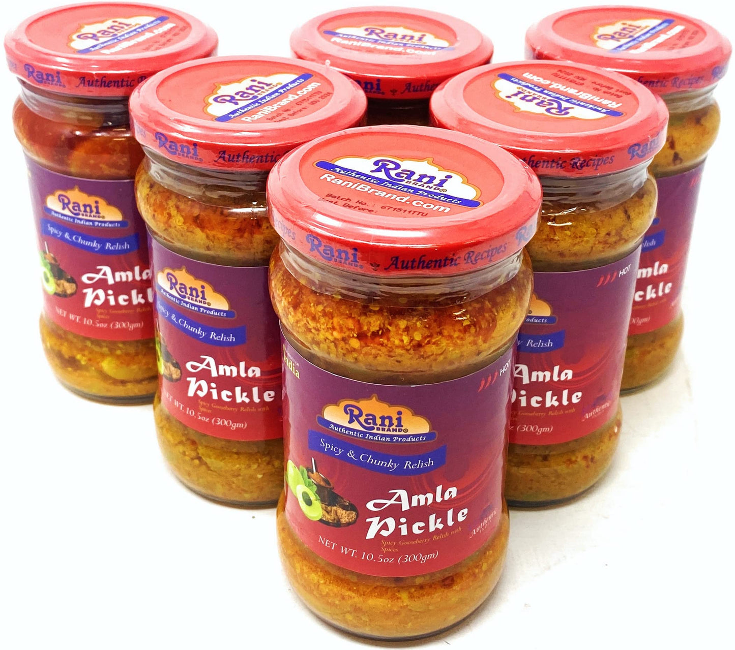 Rani Amla Pickle (Spicy Gooseberry Relish With Spices) 10.5Oz (300G) Glass Jar, Pack Of 5+1 Free ~ Vegan | Gluten Free | Non-Gmo