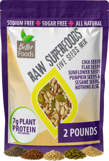 BetterFoods Five Seeds Mix - Pumpkin, Sunflower, Chia, Flax, Sesame - 2 Pound, Non-GMO, Gluten-Free, Sugar-Free Topping