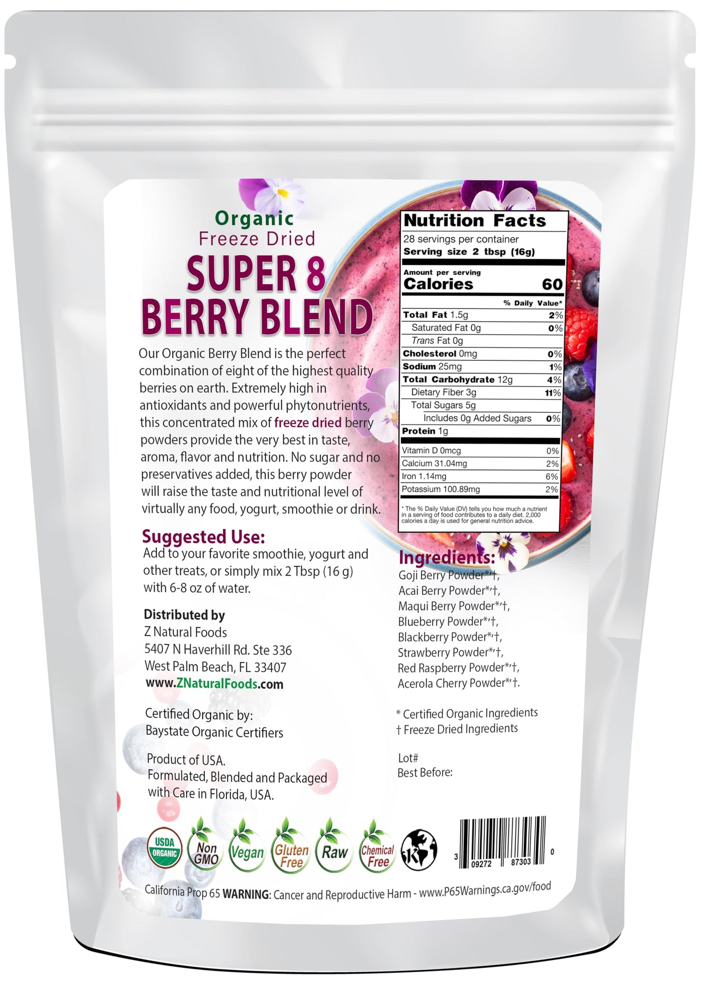 Z Natural Foods Super 8 Berry Blend - Organic Freeze Dried Berry Powder, Fruit Superfood Powder - Delicious Powdered Fruit Berry