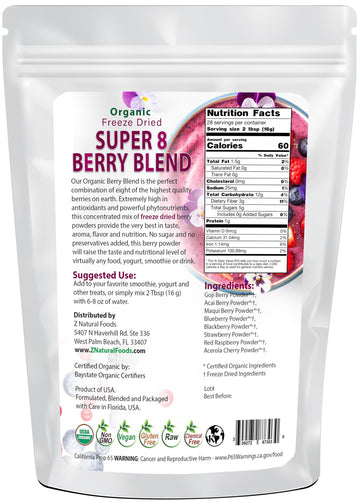 Z Natural Foods Super 8 Berry Blend - Organic Freeze Dried Berry Powder, Fruit Superfood Powder - Delicious Powdered Fruit Berry