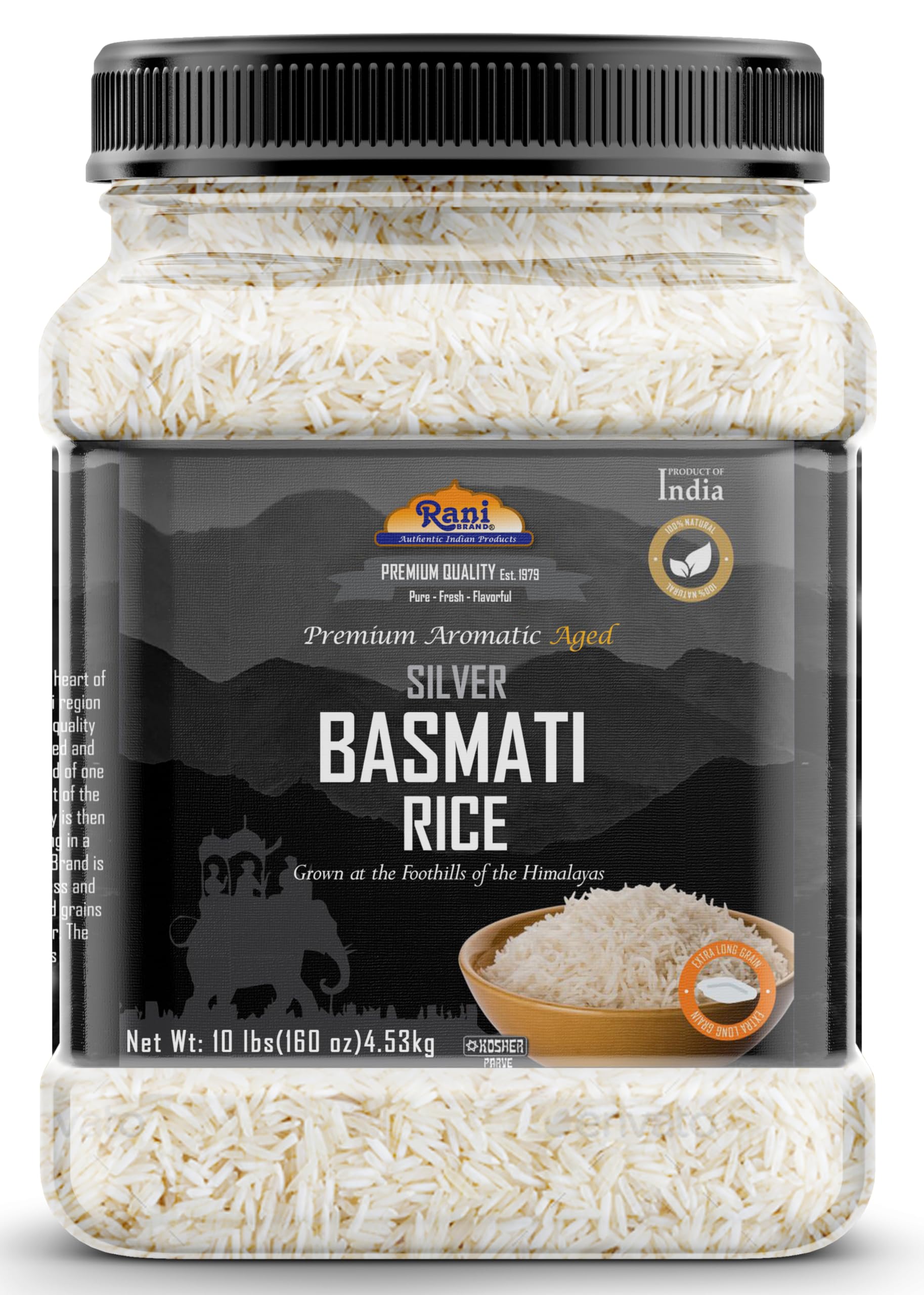 Rani Silver White Basmati Rice Extra Long Aged 160oz (10lbs) 4.53kg PET Jar ~ All Natural | Gluten Friendly | Vegan | Indian Ori