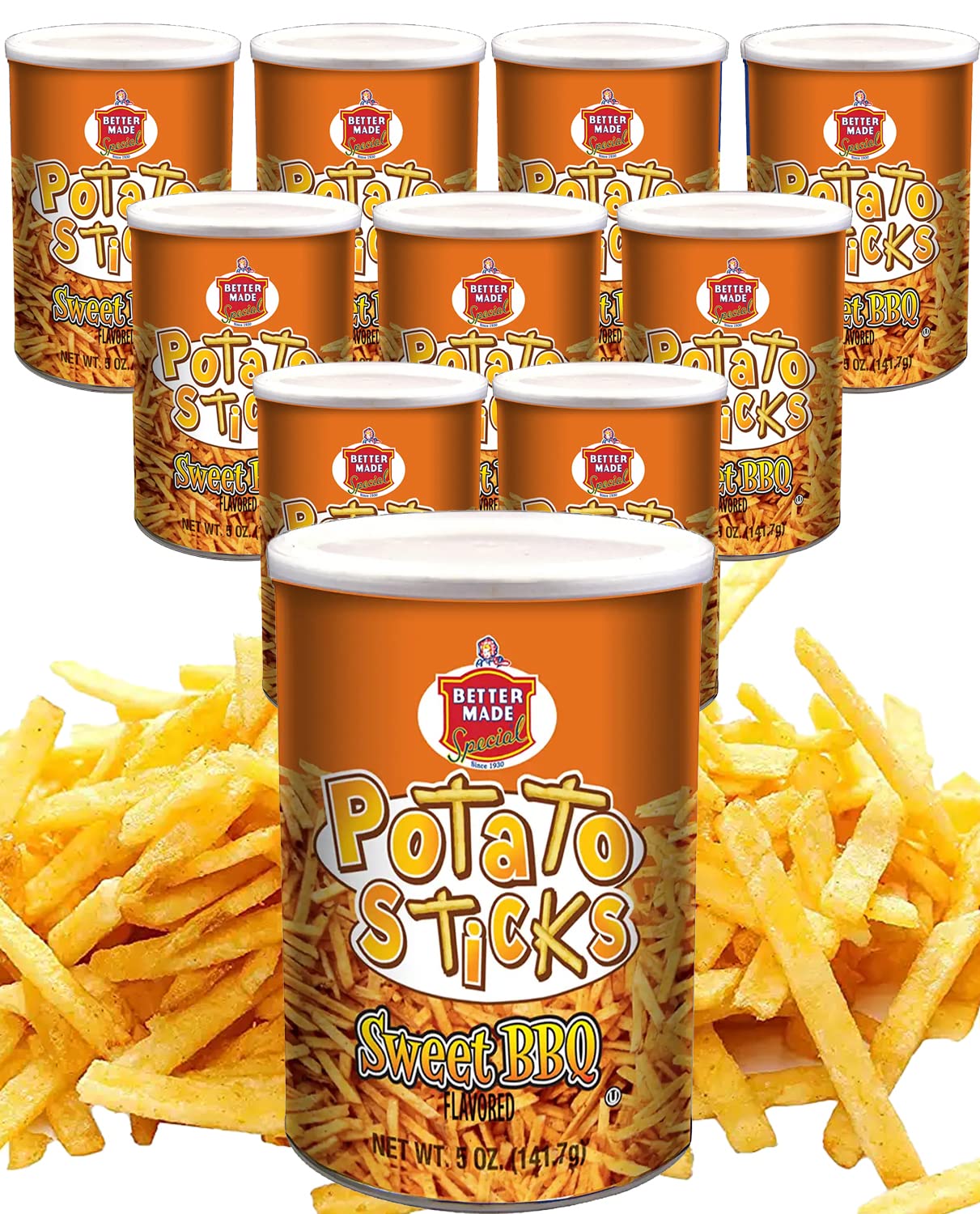 Better Made Potato Sticks 5Oz Canister - (Sweet Bbq, 12 Can Tray) Shoestring Potato Sticks - Gluten Free - Crunchy, Crispy Snack From Fresh Potatoes - Resealable Lid