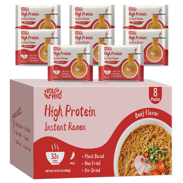 Volo Vero Protein Ramen Instant Noodles Soup Spicy  Beef Flavor  32G High Plant-Based Protein  8 Packs  Non-Fried  Vegan  Low Fat  Non-Gmo  Egg & Dairy Free  Healthy Asian Meal