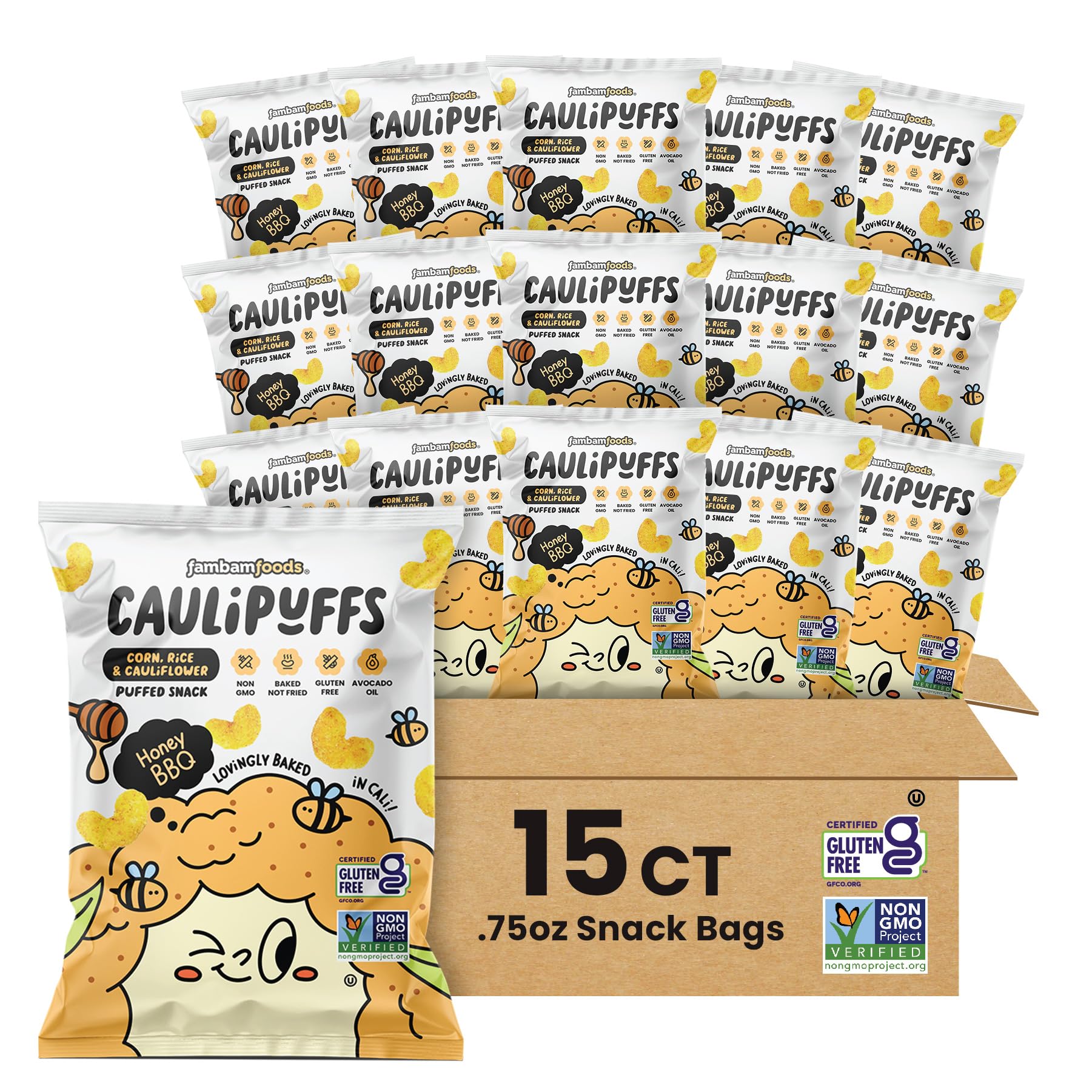 CauliPuffs - Corn, Rice, and Cauliflower Gluten Free Puffed Snack (15 X 0.75oz Bags, Honey BBQ)