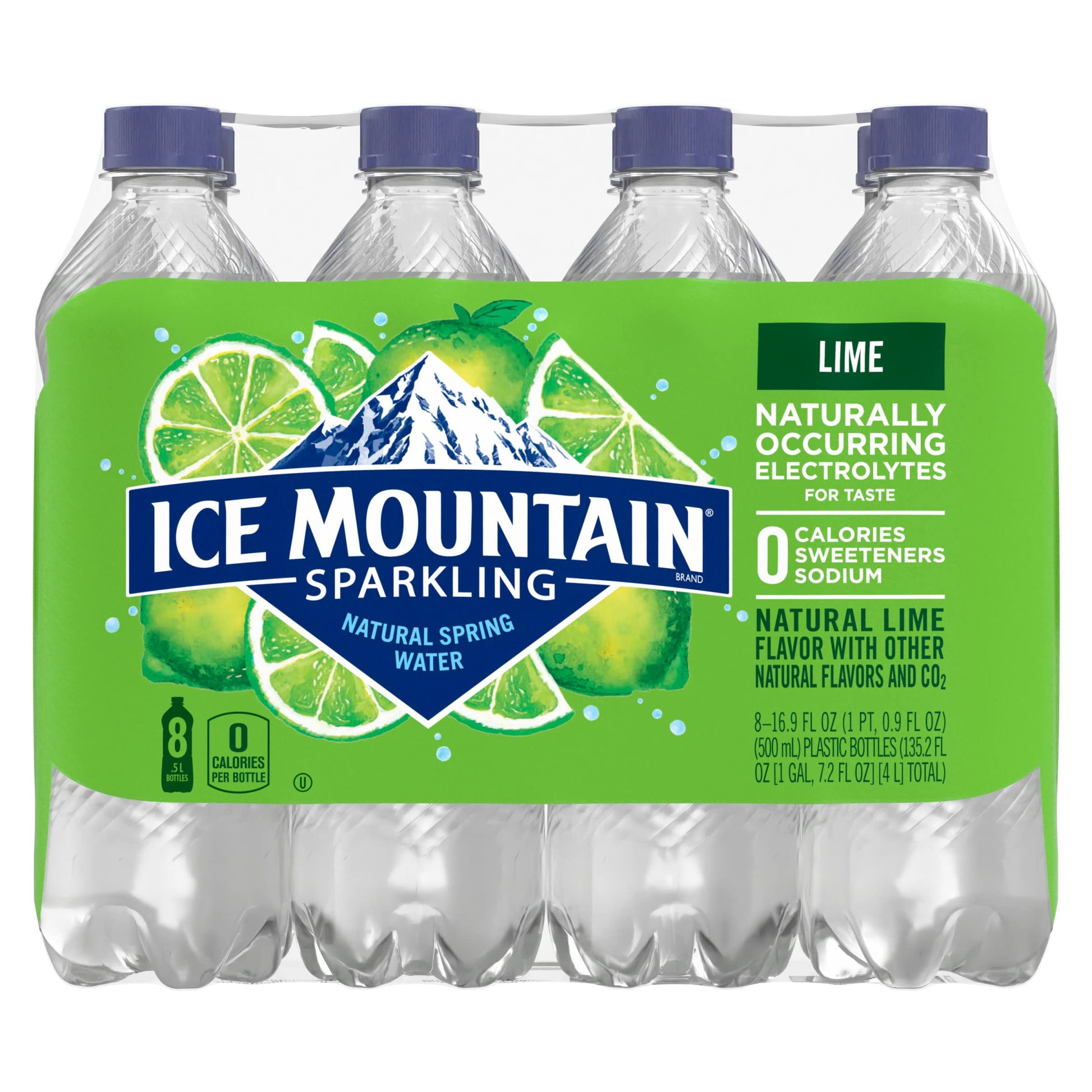Ice Mountain Sparkling Water, Zesty Lime, 16.9 Fl Oz Bottles, Pack of 8