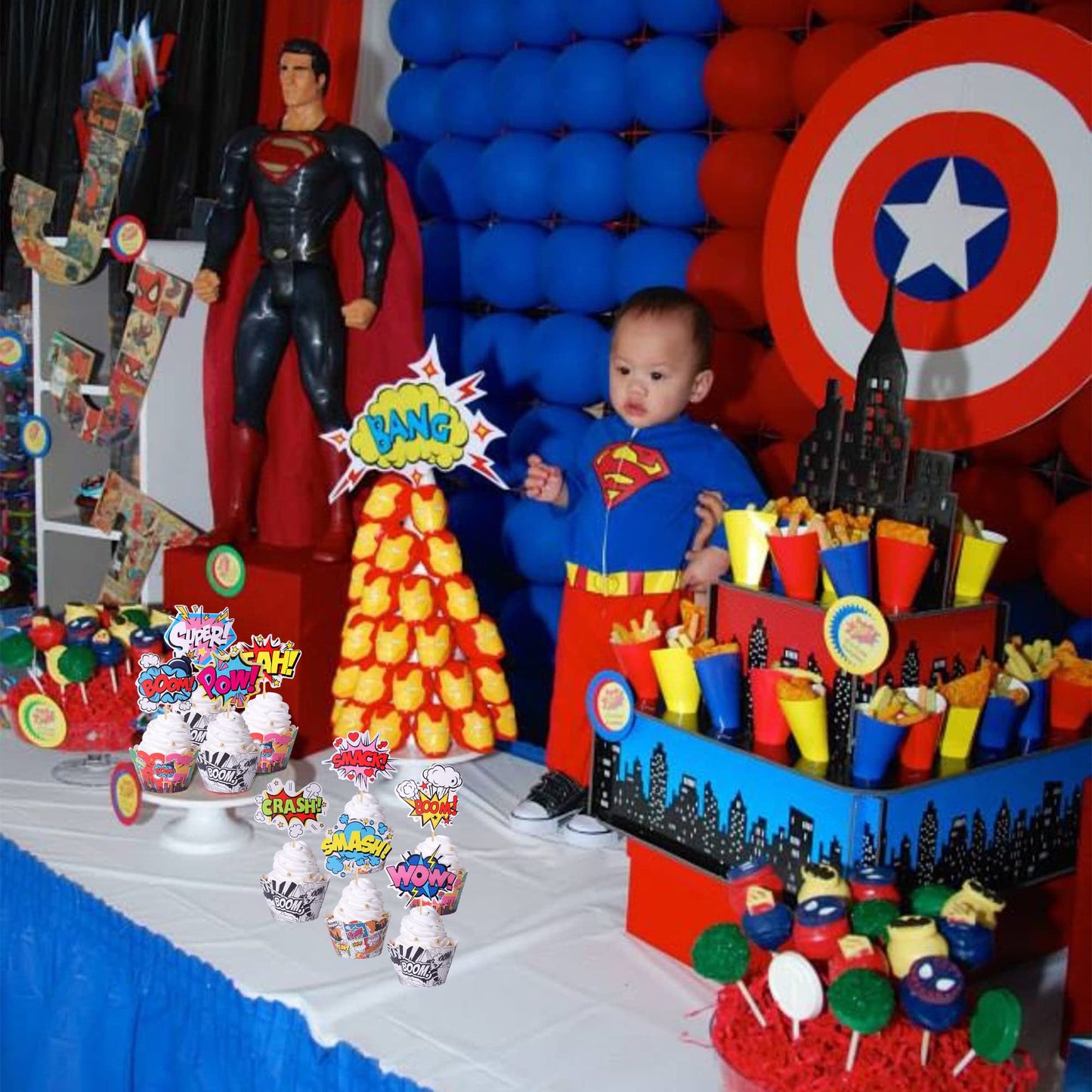 36 Pcs Superheros Cupcake Toppers And Wrappers Boom Pow Hero Cupcake Picks For Celebrating Kids Heros Theme Baby Shower Birthday