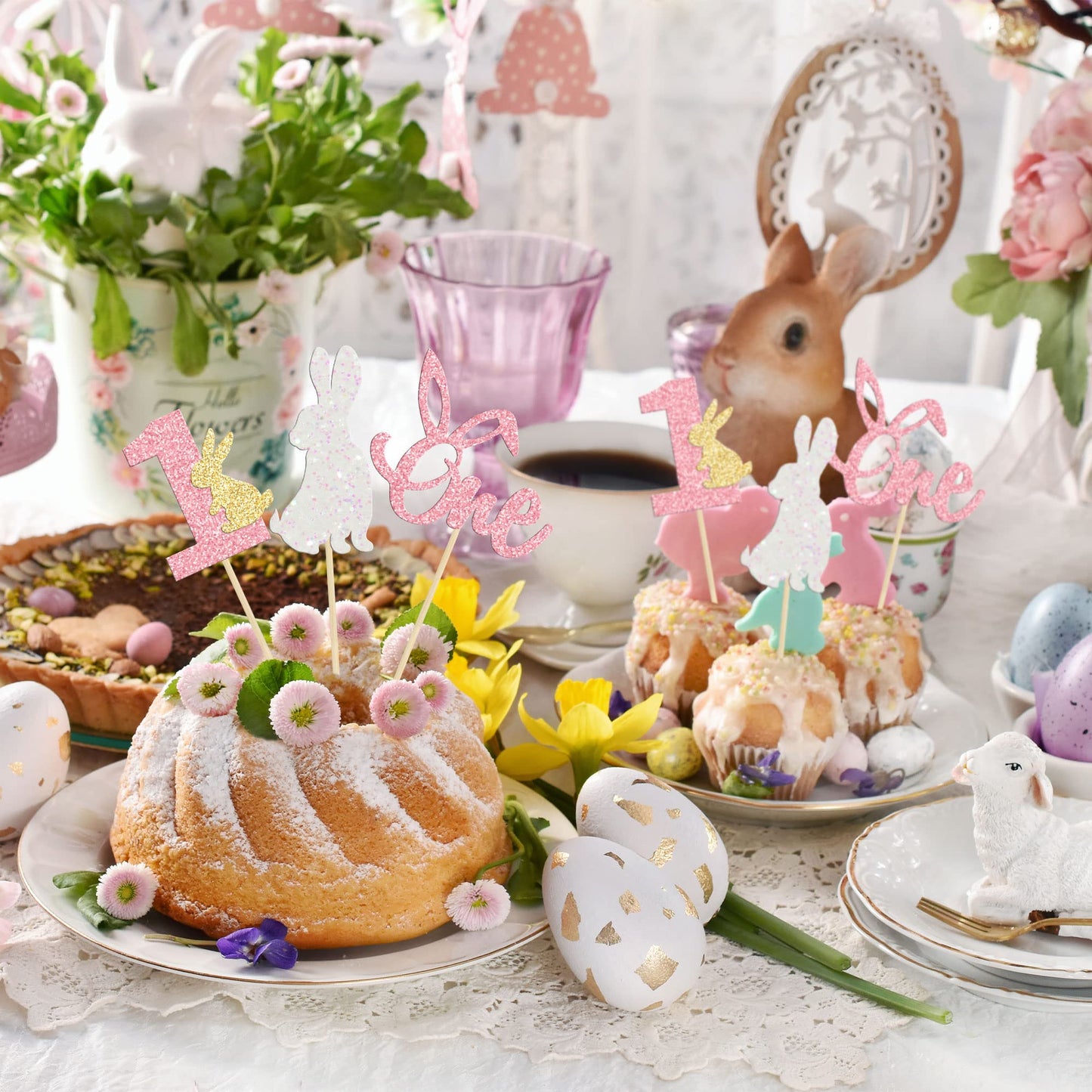 24Pcs Easter Bunny One Cupcake Toppers Some Bunny Is One Birthday Decorations Pink Glitter Easter Cake Decorations Bunny Easter