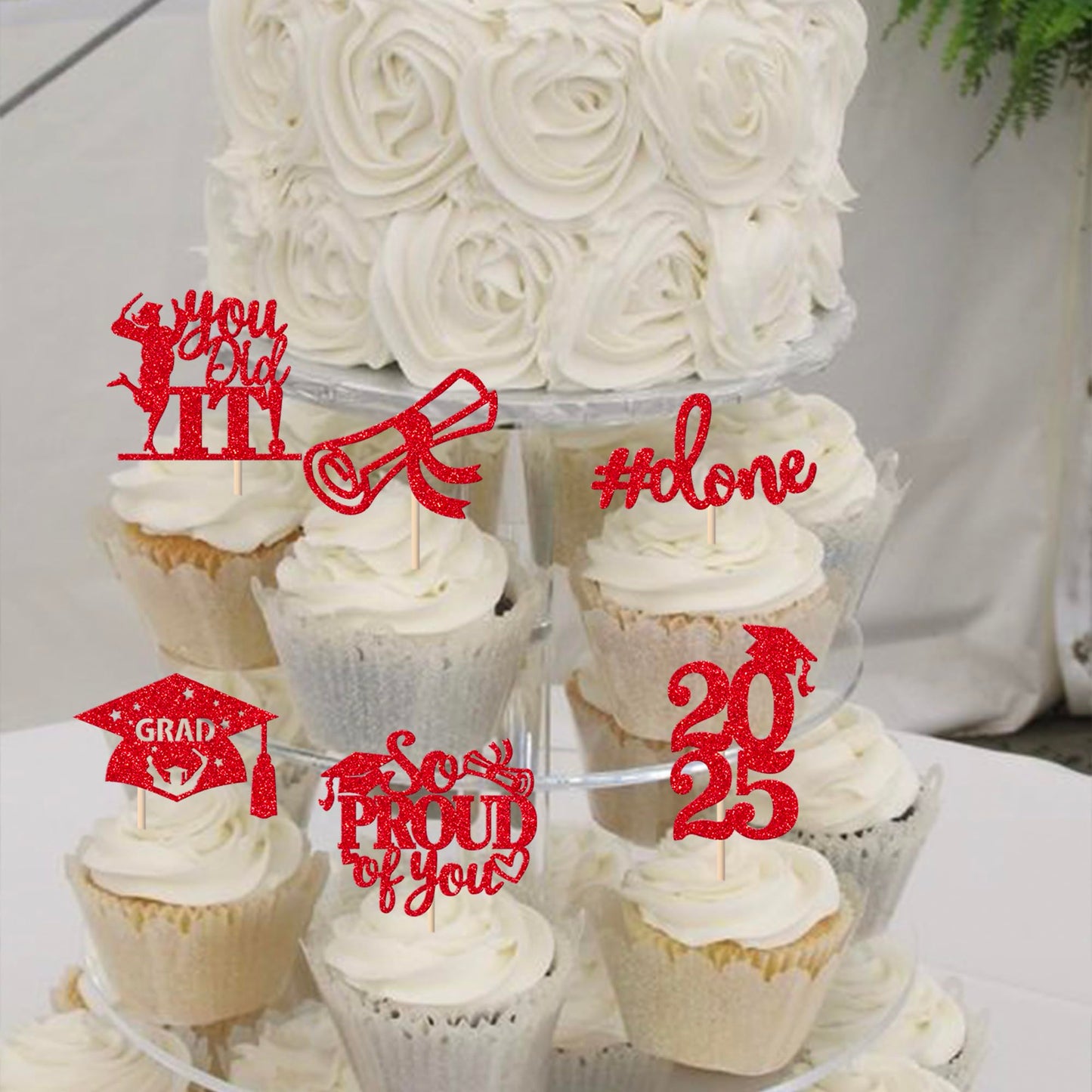 YCTHUNFISH Graduation Cupcake Toppers, 24 Pack, Red, Bamboo, Glitter, 2025 Graduation Theme Party Decorations