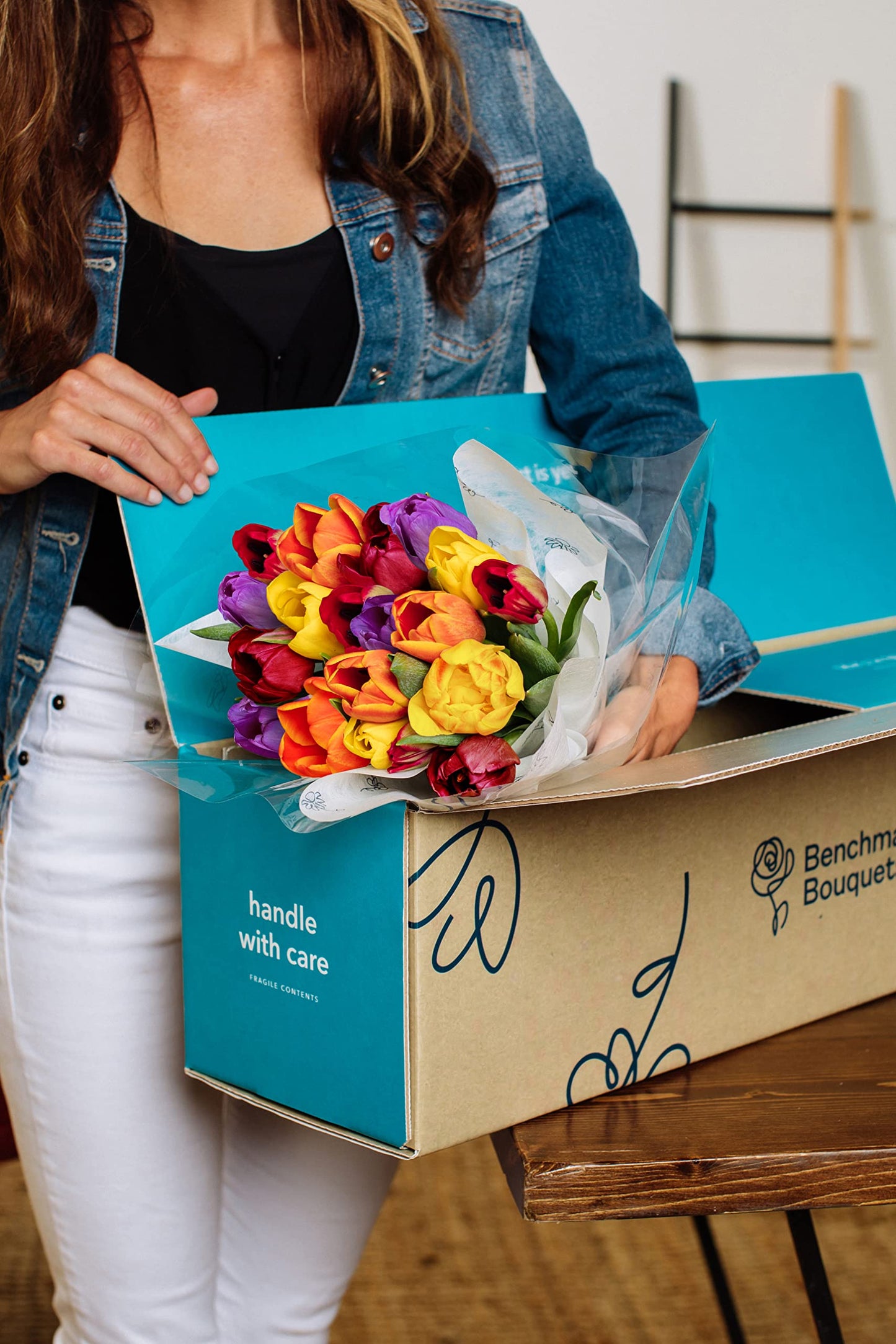 Benchmark Bouquets - 20 Stem Rainbow Tulips (Glass Vase Included) - Fresh Flowers For Delivery - Gift For Graduation, Birthday,
