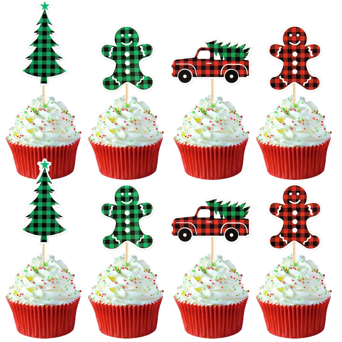 Ercadio 24 Pack Christmas Trees Cupcake Toppers, Paper, Merry Christmas Theme, Holiday Decorations, D-car Tree