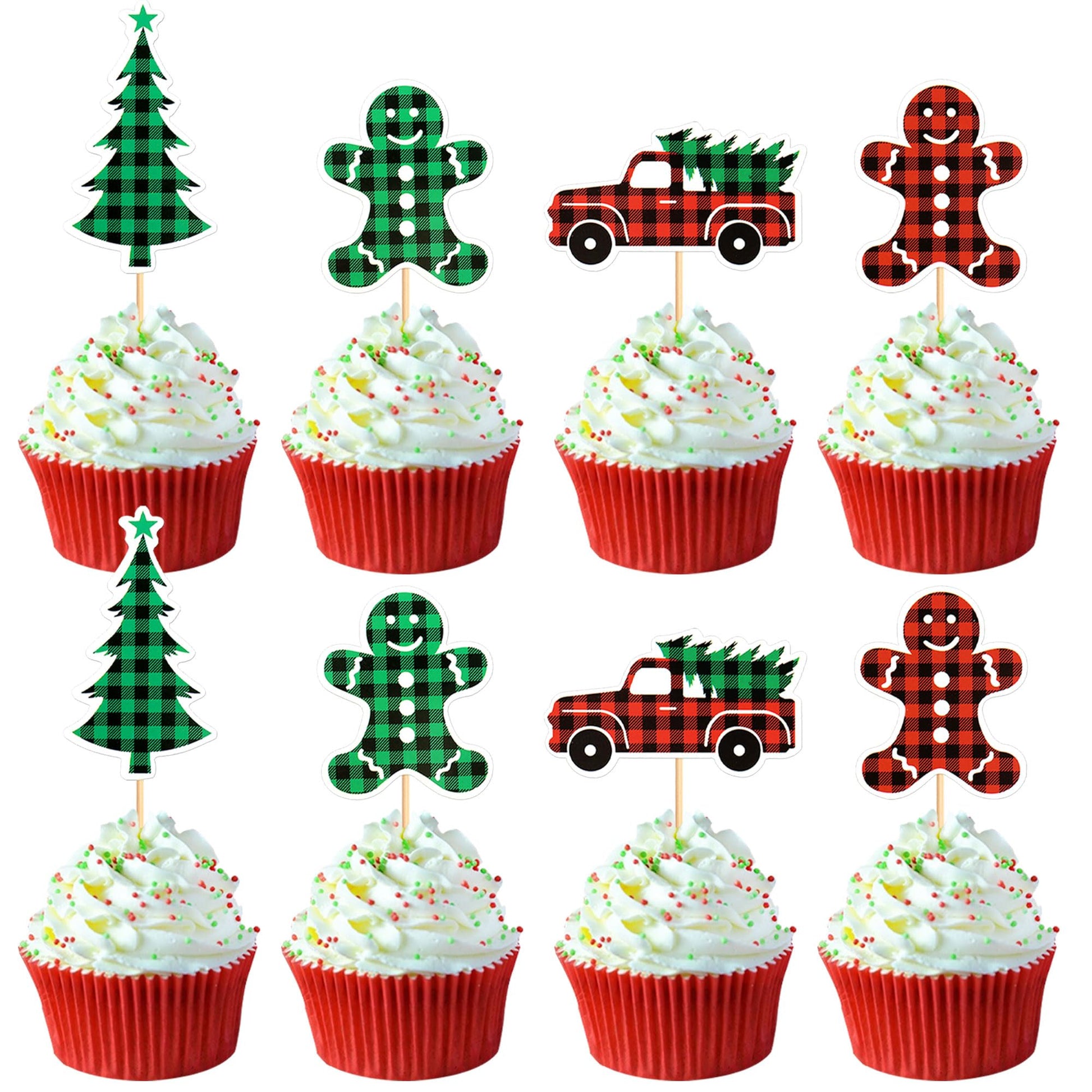 Ercadio 24 Pack Christmas Trees Cupcake Toppers, Paper, Merry Christmas Theme, Holiday Decorations, D-car Tree