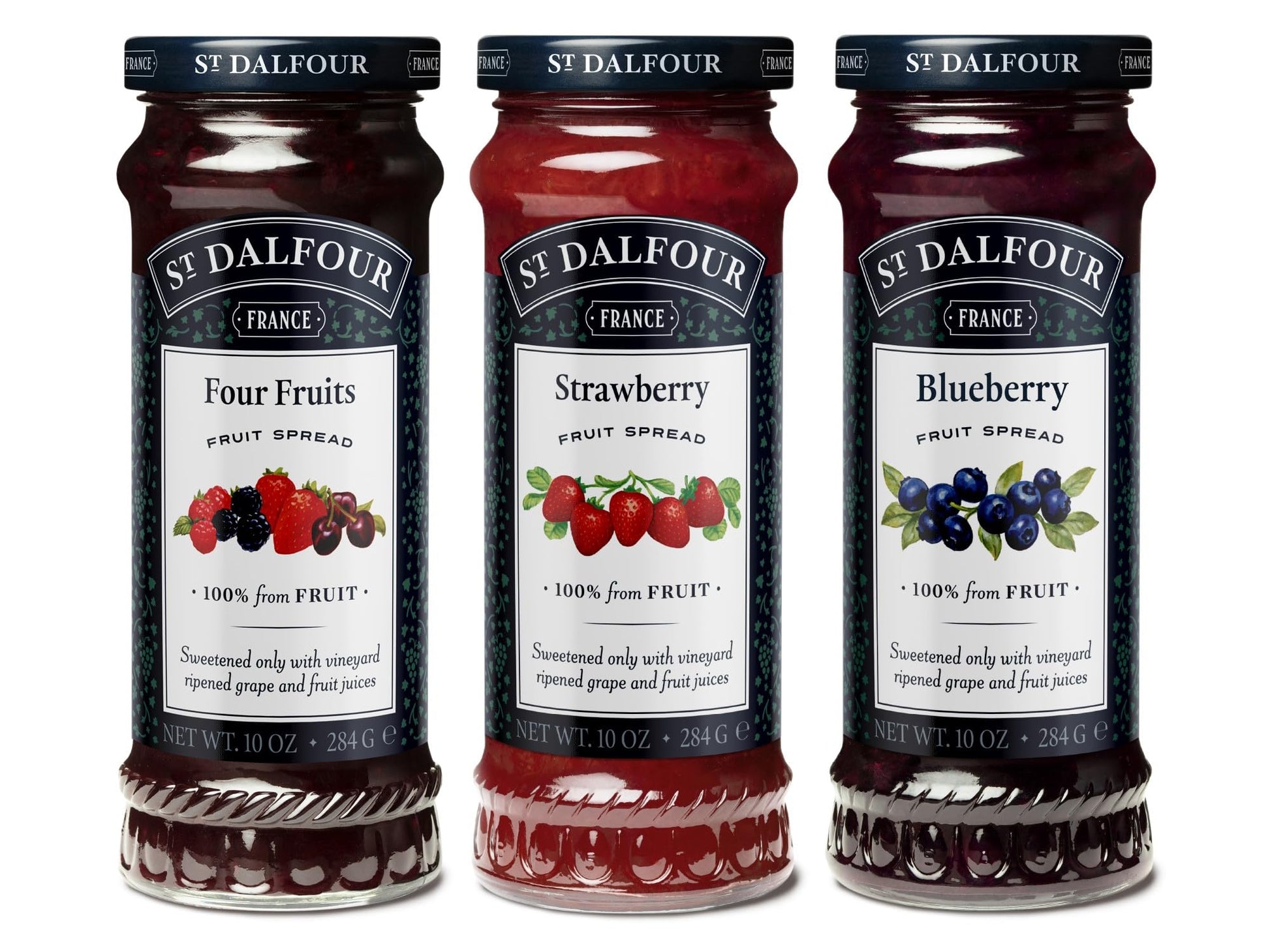 St. Dalfour - Four Fruits, Strawberry, And Blueberry French Fruit Spread Bundle, 10 Oz Each - 100% From Fruit, No Cane Sugars, No Corn Syrups, Naturally Sweetened