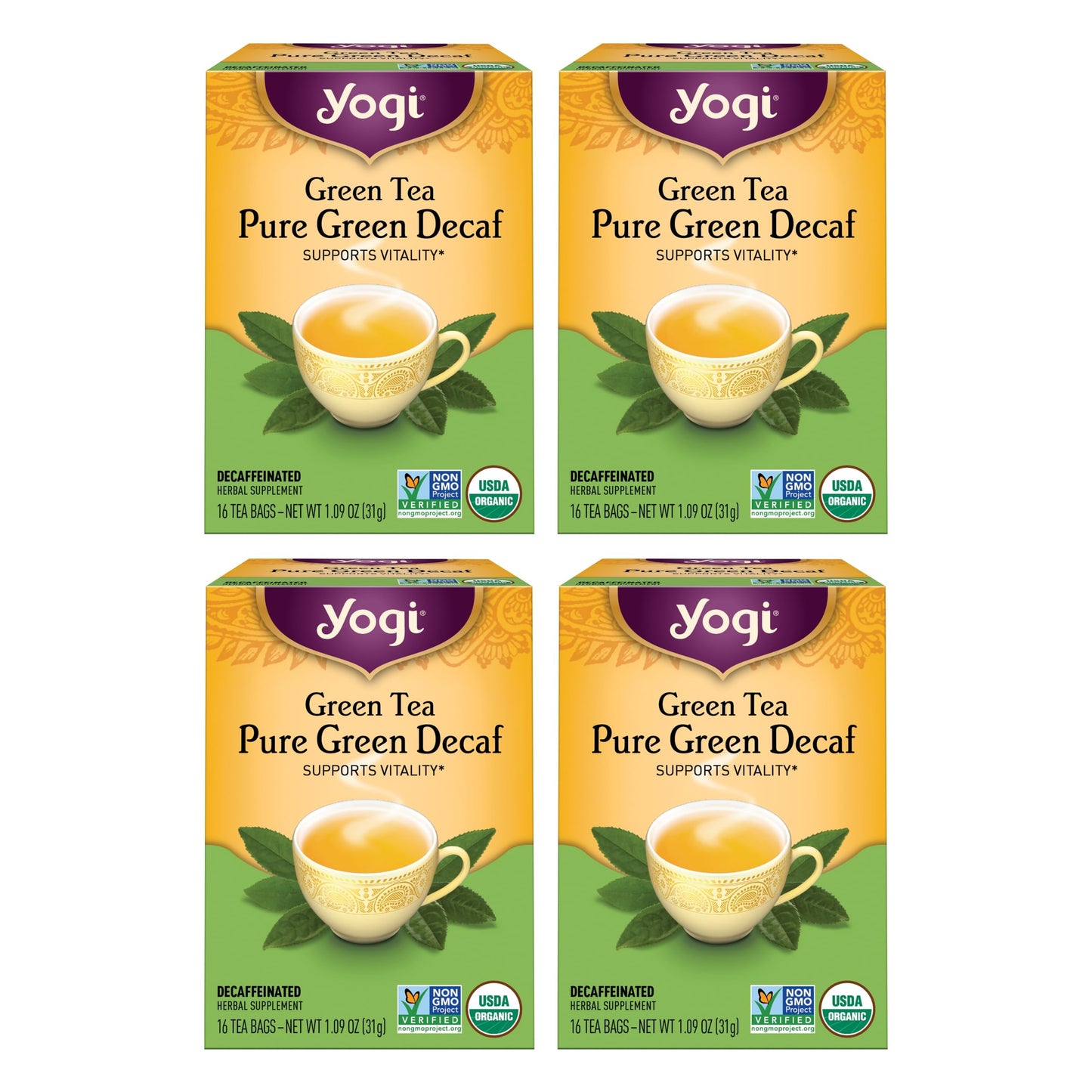 Yogi Green Tea Pure Decaf - Organic Decaffeinated Green Tea - 64 Count (4 Packs)