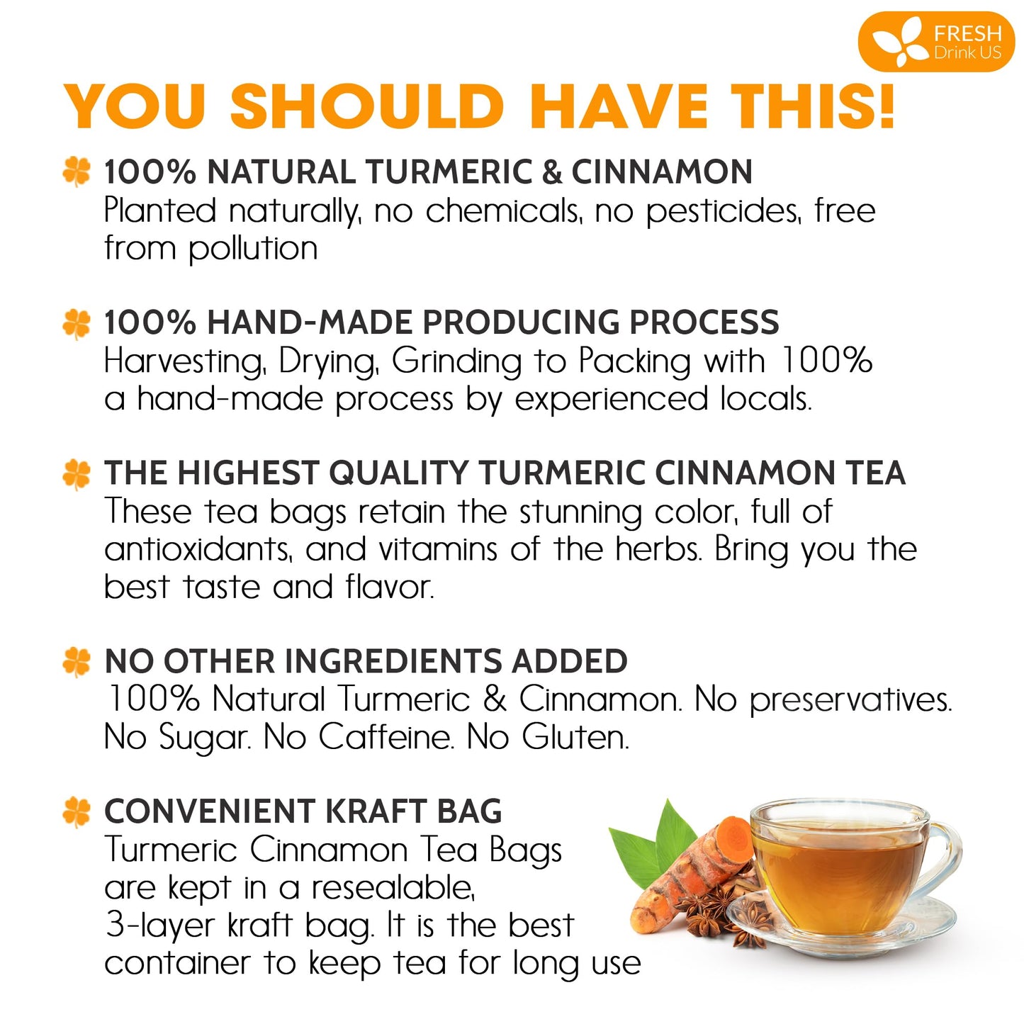 FRESHDRINKUS Premium Turmeric Cinnamon Tea Bags, 100% Natural, Vegan, 75 Count