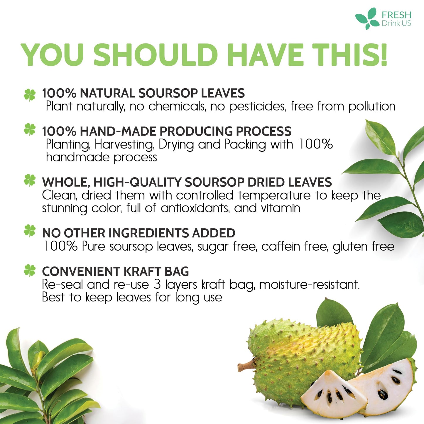 FRESHDRINKUS Soursop Graviola Whole Dried Leaves Tea, 275 Count, Wildcrafted Herbal Tea, Vegan, Gluten-Free