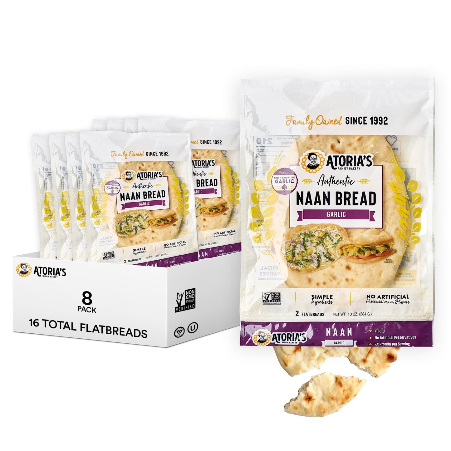 Atoria'S Family Bakery Garlic Naan | Non-Gmo, Vegan (8 Pack, 16 Flatbreads Total) 8-Packs Of 2 Sheets (16 Sheets)