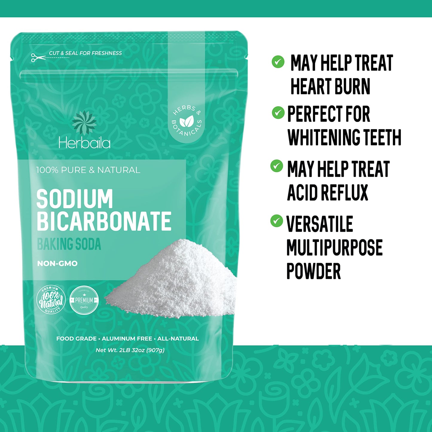Herbaila Sodium Bicarbonate Baking Soda, Aluminum Free, 2 lb Pack